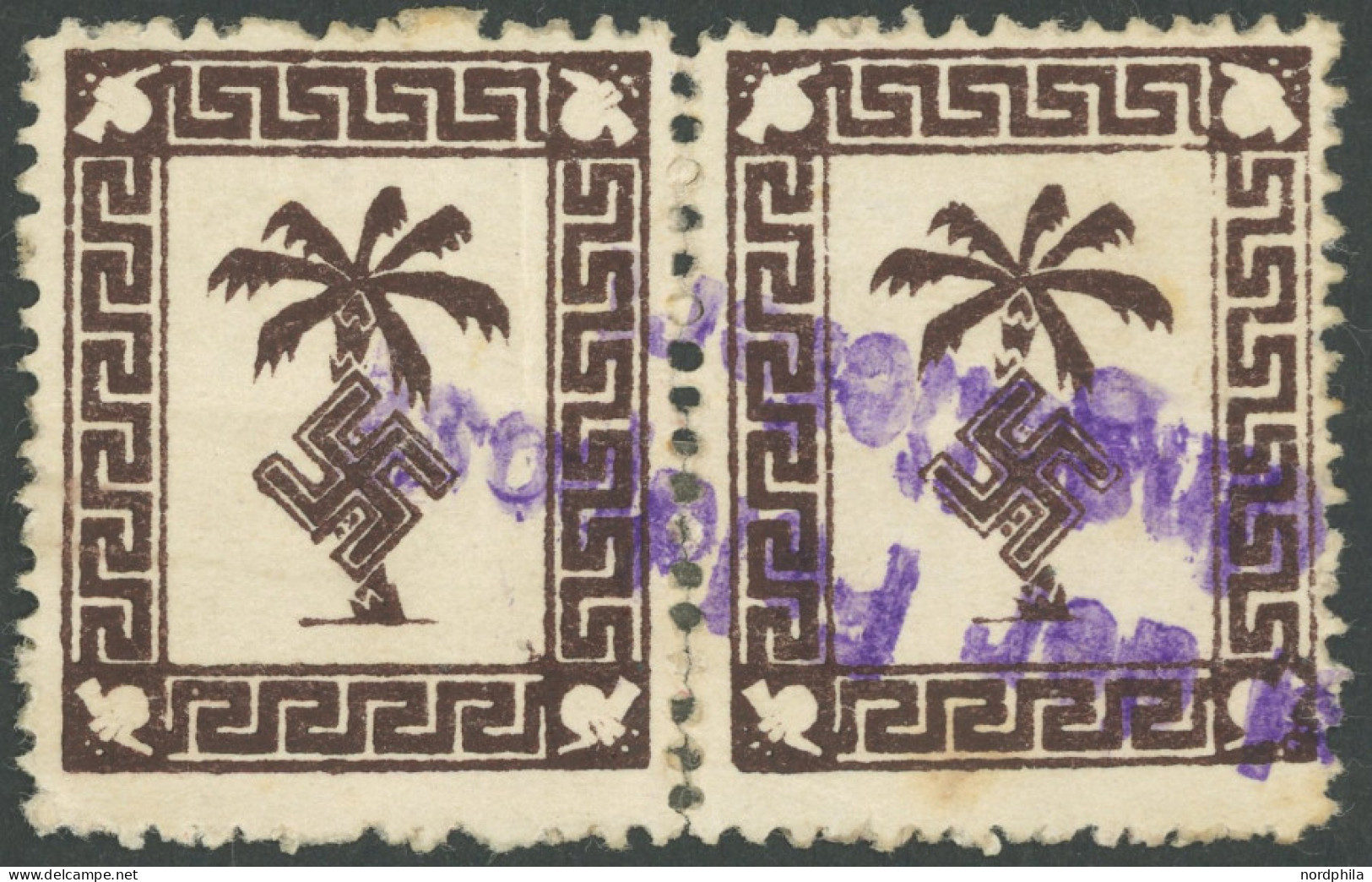 FELDPOSTMARKEN 5a Paar O, 1943, Tunis-Päckchenmarke Im Waagerechten Paar Mit Blauviolettem Päckchenstempel, Leichte Büge - Bezetting 1938-45