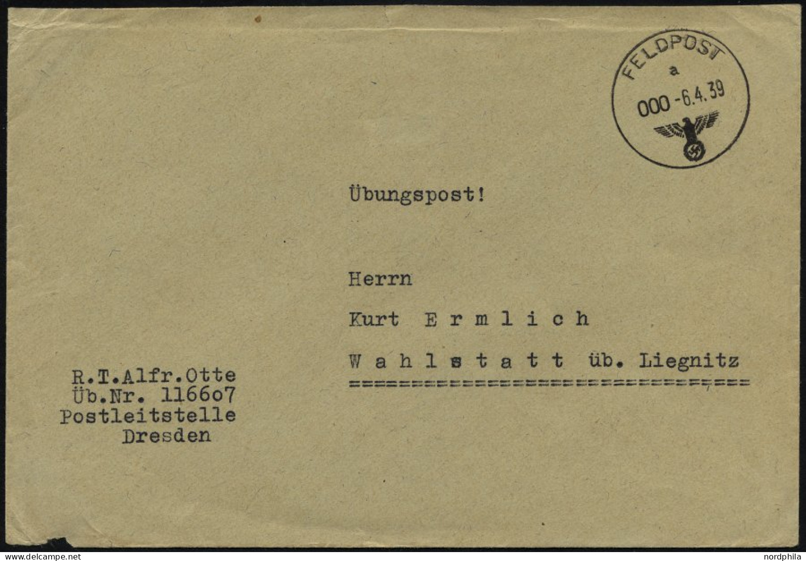 FELDPOST II. WK BELEGE 1939, Feldpostbrief über Die Postleitstelle Dresden Nach Schlesien Als Übungspost Deklariert, Fei - Occupation 1938-45