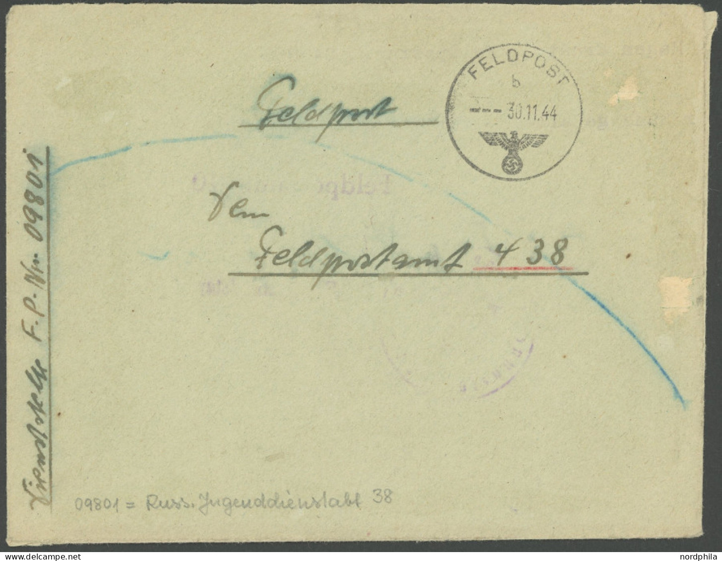 FELDPOST II. WK BELEGE 1944, Russischer Jugenddienst Abtl. 38: Feldpostbrief Mit FP-Nummer 09801 An Feldpostamt 438, Sel - Occupation 1938-45