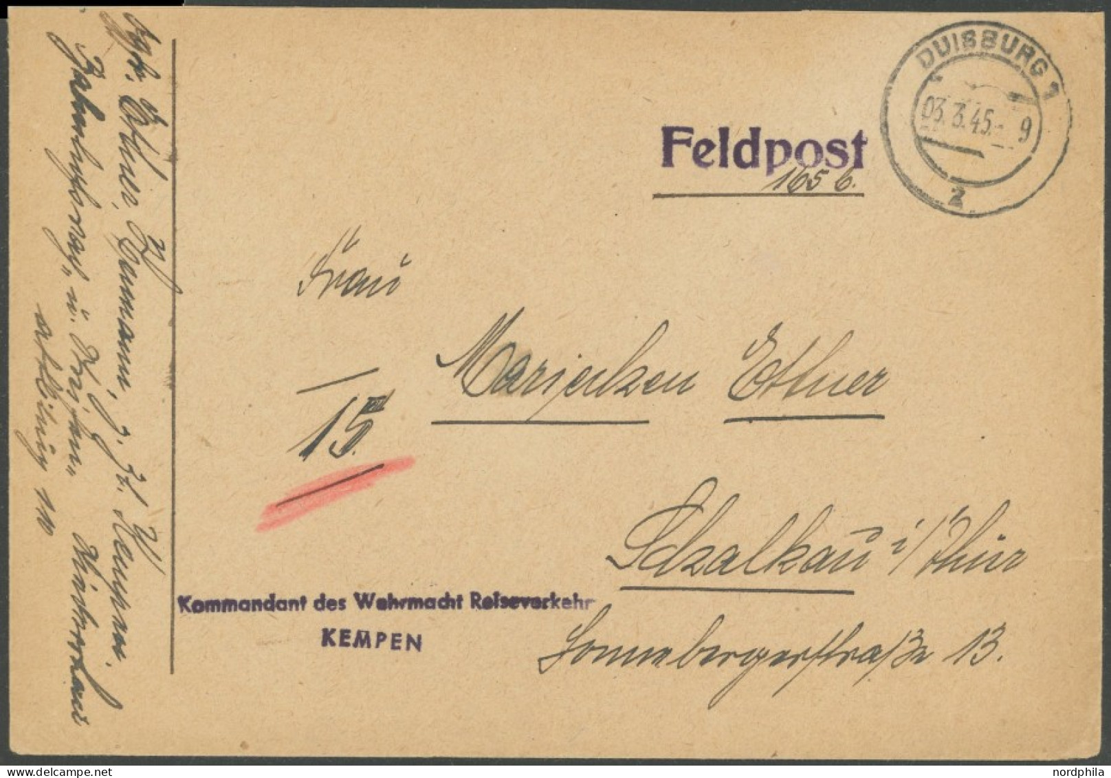 FELDPOST II. WK BELEGE 1945, Feldpostbrief Mit L1 KOMMANDANT DER WEHRMACHT REISEVERKEHR Und KEMPEN, Handschriftlicher Ab - Occupation 1938-45