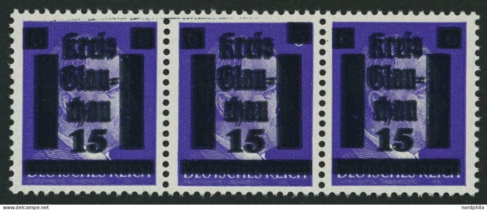 GLAUCHAU 5aDDI , 1945, 15 Auf 6 Pf. Lebhaftblauviolett Doppelaufdruck Im Waagerechten Dreierstreifen, Ein Wert Mit Abart - Privatpost