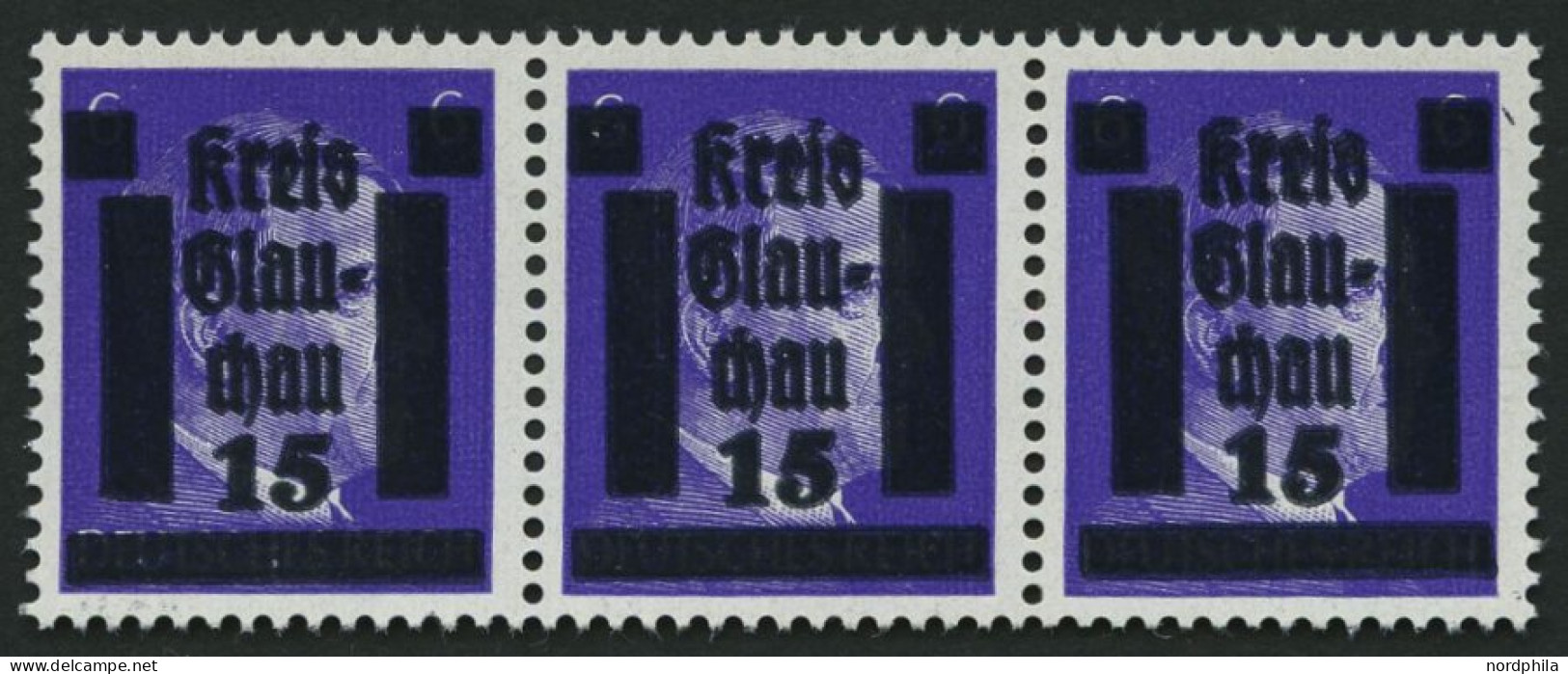 GLAUCHAU 5aDDV , 1945, 15 Auf 6 Pf. Lebhaftblauviolett Doppelaufdruck Im Waagerechten Dreierstreifen, Ein Wert Mit Abart - Privatpost