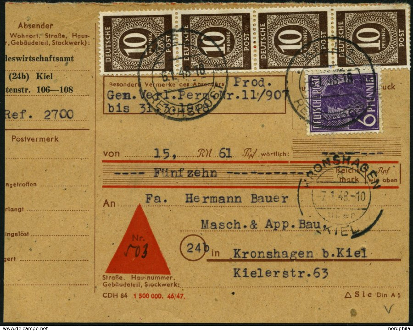 ALLIIERTE BES. 918,944 BRIEF, 1948, 10 Pf. Dunkelorangebraun Im Viererstreifen Und 6 Pf. Dunkelviolett Auf Nachnahmekart - Autres & Non Classés