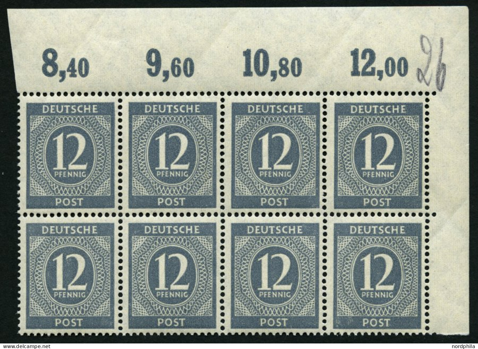 ALLIIERTE BES. 920POR , 1946, 12 Pf. Grau, Plattendruck, Im Achterblock Aus Der Rechten Oberen Bogenecke, Pracht, Mi. 80 - Other & Unclassified