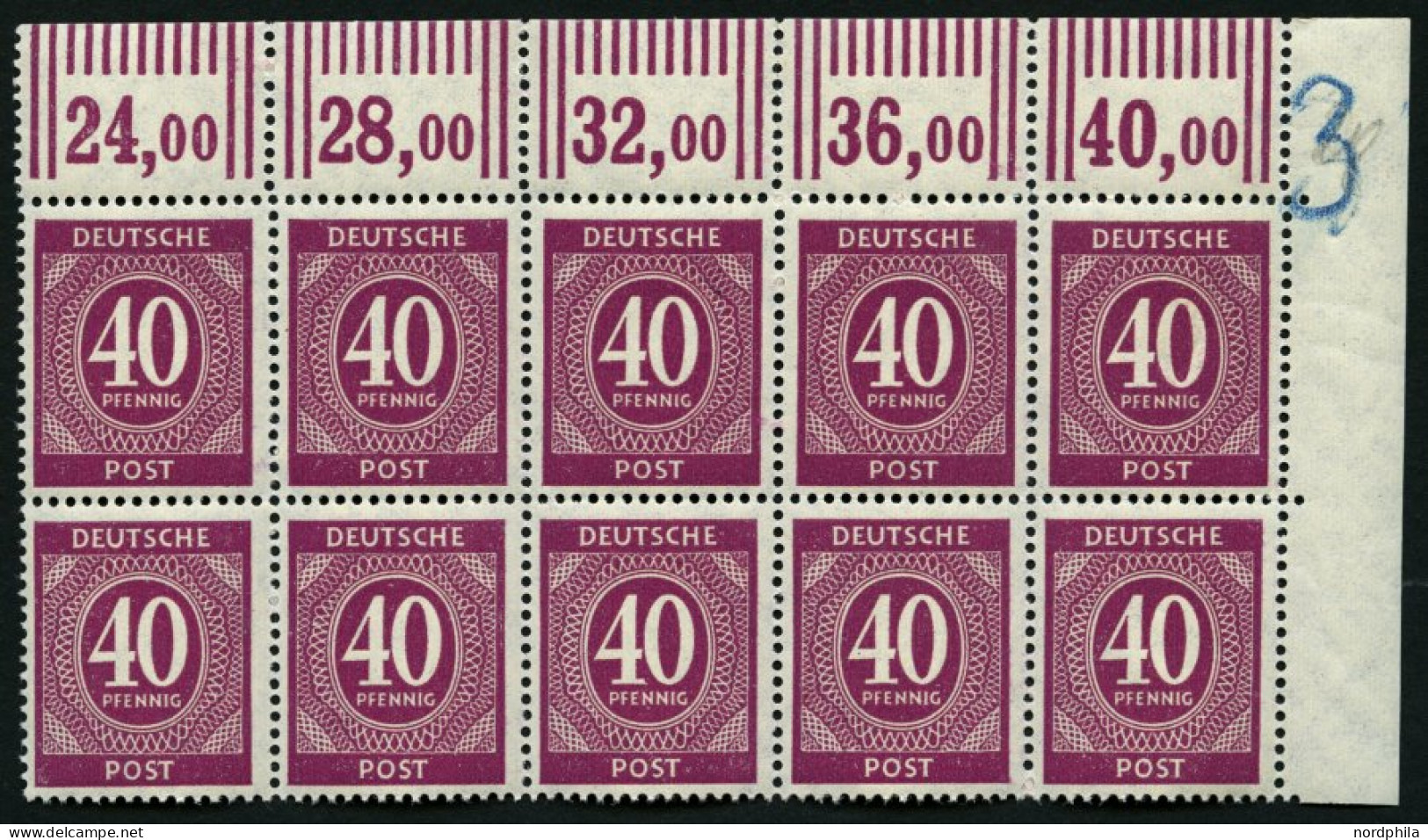 ALLIIERTE BES. 929WOR , 1946, 40 Pf. Karminlila, Walzendruck, Im 12er Block Aus Der Rechten Oberen Bogenecke, Pracht, Mi - Other & Unclassified