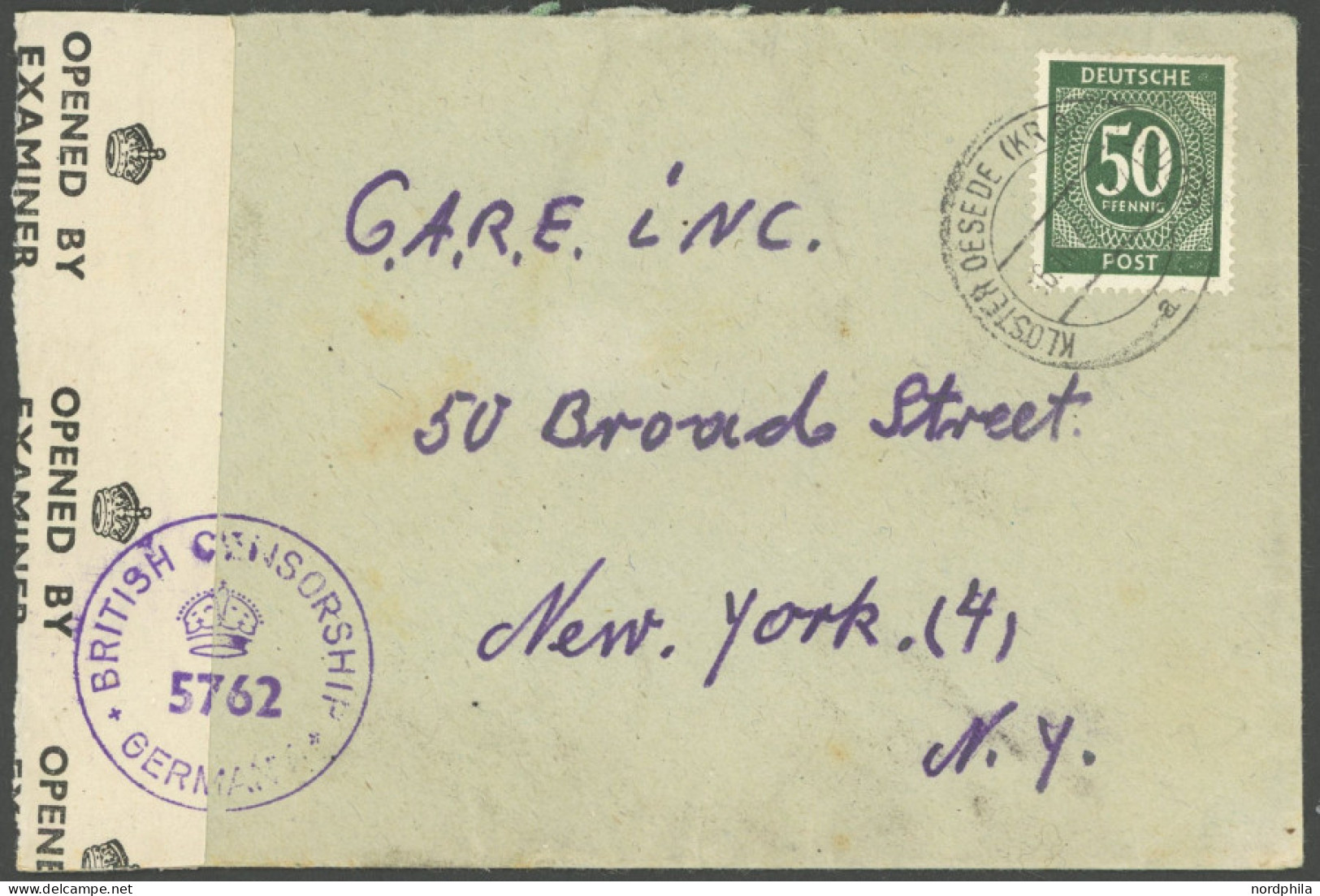 ALLIIERTE BES. 932 BRIEF, 1946, 50 Pf. Schwärzlichgraugrün Auf Brief Mit Zensur Nach New York, Pracht - Autres & Non Classés