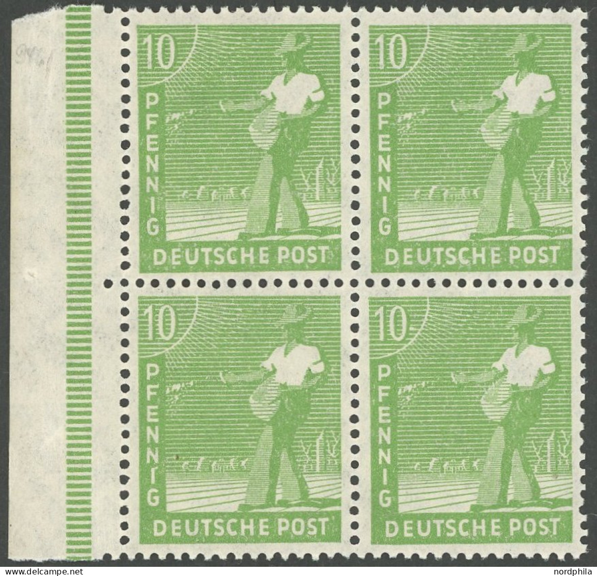 ALLIIERTE BES. 946I , 1947, 10 Pf. Grün Mit Plattenfehler, R Statt I In Pfennig, Im Randviererblock Mit Normalen Marken, - Andere & Zonder Classificatie