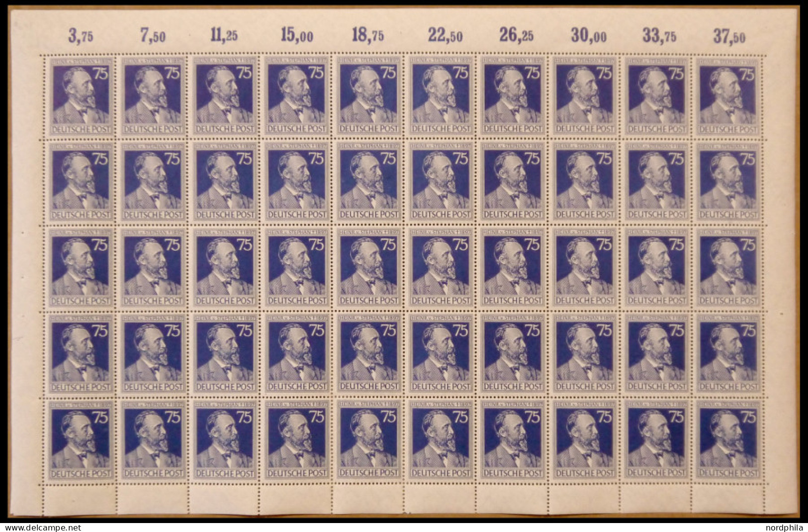 ALLIIERTE BES. 964II , 1947, 75 Pf. Stephan Im Bogen (50) Mit Plattenfehler R Von Heinr. Oben Links Gebrochen (Feld 5),  - Autres & Non Classés