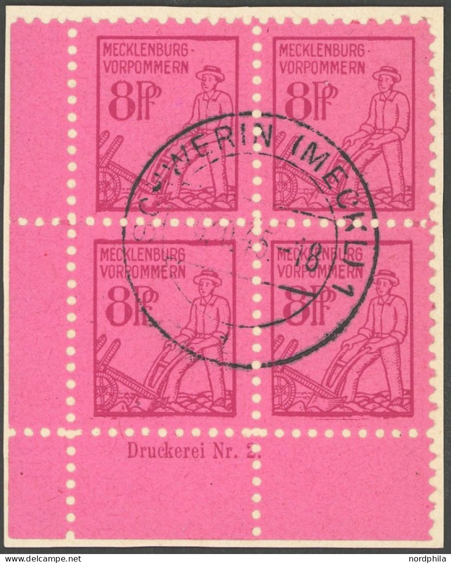 MECKLENBURG-VORPOMMERN 11xa DZ BrfStk, 1945, 8 Pf. Magenta Im Unteren Linken Eckrandviererblock Mit Druckerzeichen, Prac - Other & Unclassified