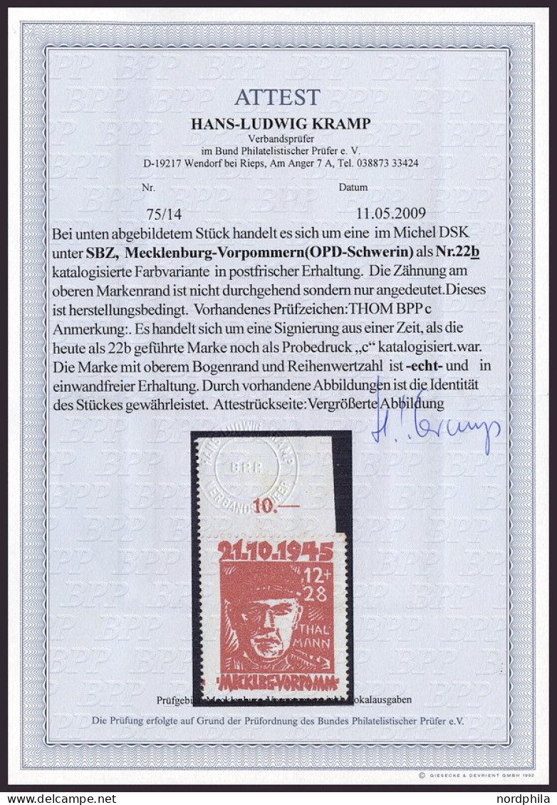 MECKLENBURG-VORPOMMERN 22b , 1945, 12 Pf. Orangerot Faschismus, Oberrandstück, Zähnung Oben Nur Angedeutet, Pracht, Foto - Sonstige & Ohne Zuordnung