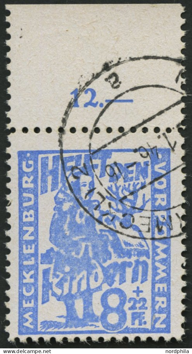 MECKLENBURG-VORPOMMERN 27a O, 1945, 8 Pf. Hellultramarin Kinderhilfe, Oberrandstück, Pracht, Gepr. Kramp - Sonstige & Ohne Zuordnung