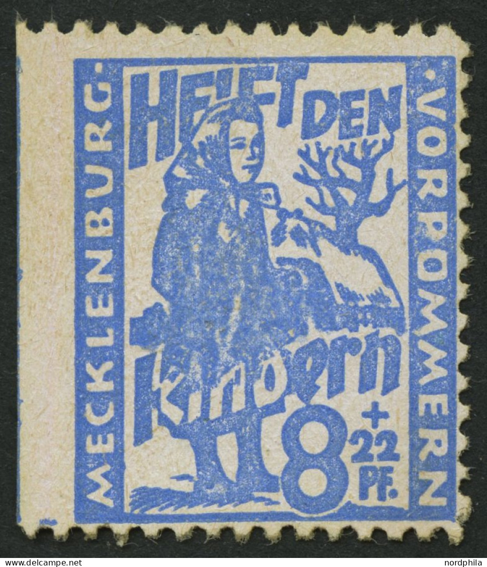 MECKLENBURG-VORPOMMERN 27aUI , 1945, 8 Pf. Hellultramarin Kinderhilfe, Links Ungezähnt, Nachgummiert Sonst Pracht, Gepr. - Other & Unclassified