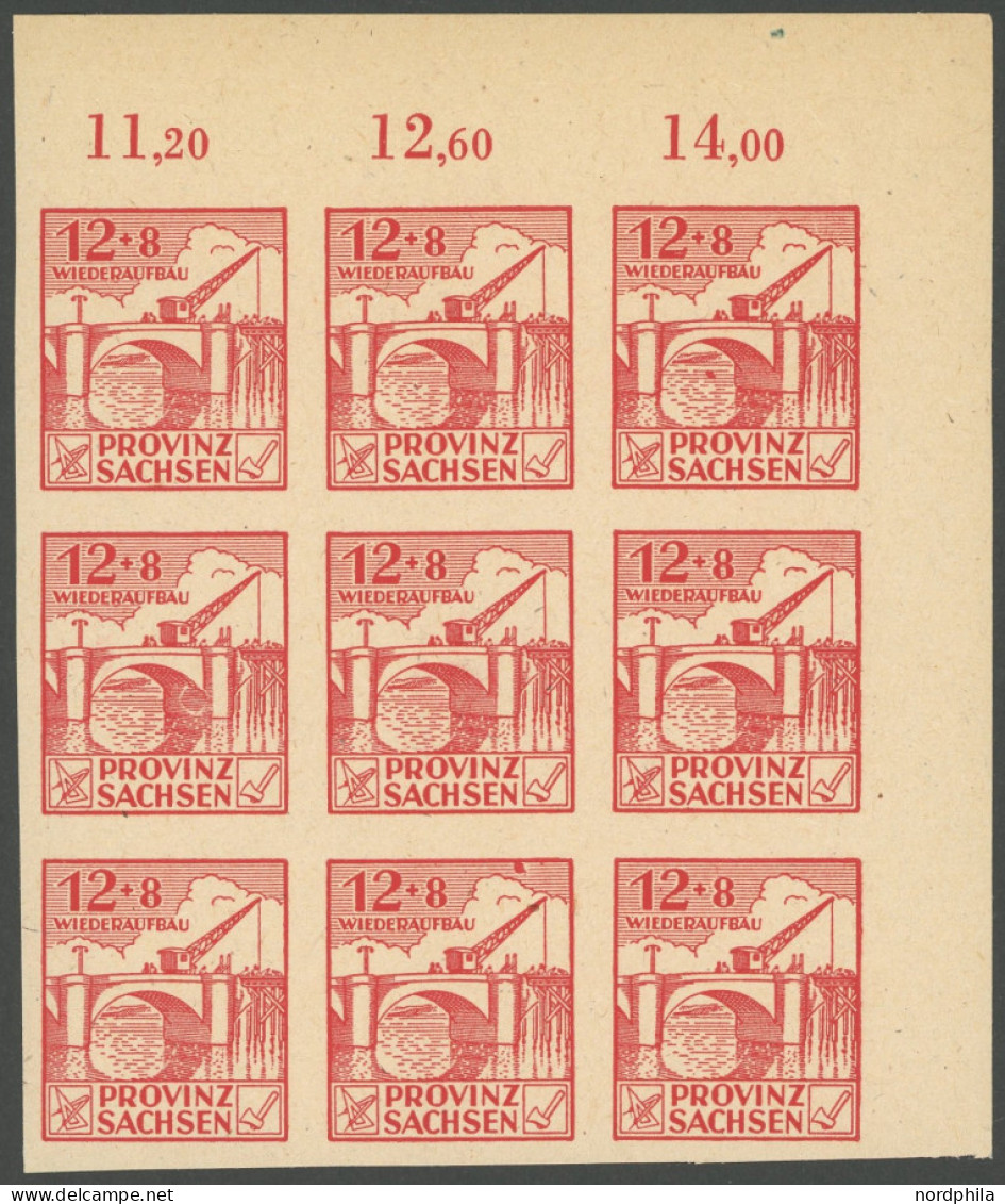 PROVINZ SACHSEN 88BIX , 1946 12 Pf. Wiederaufbau, Ungezähnt, Im Neunerblock Mit Plattenfehler Farbpunkt Im Oberen Marken - Autres & Non Classés