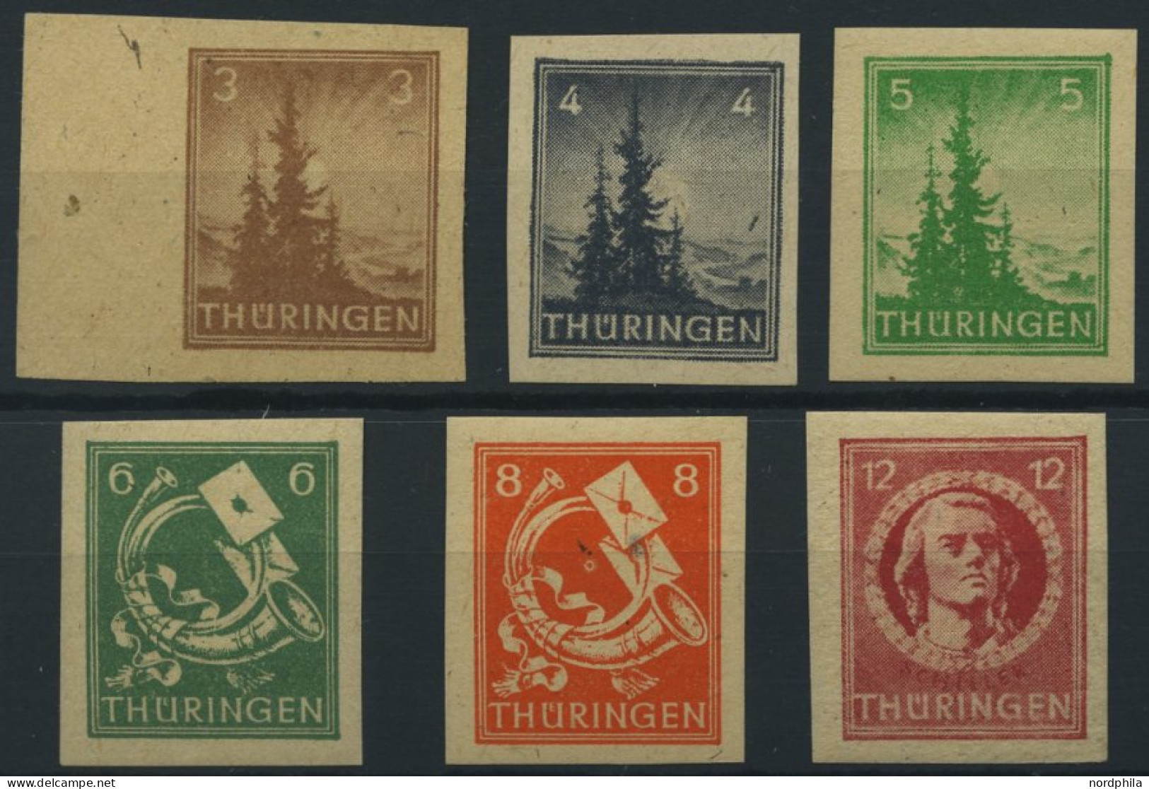 THÜRINGEN 92-97AU , 1945, 3 - 12 Pf. Freimarken, Ungezähnt, Falzrest, 5 Prachtwerte - Other & Unclassified