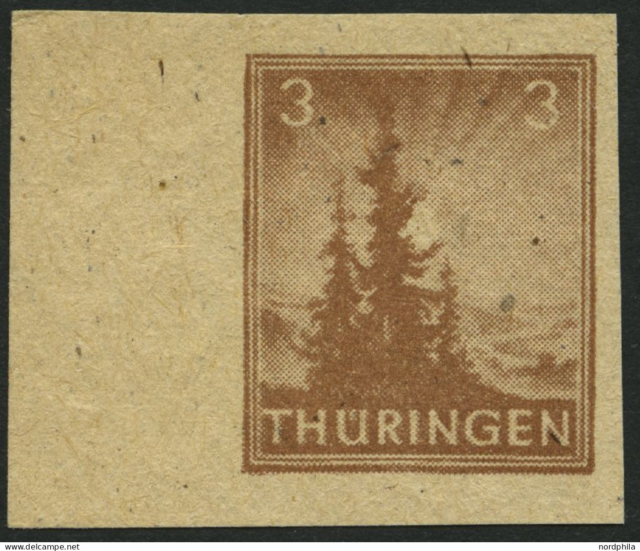 THÜRINGEN 92AYz2U , 1946, 3 Pf. Orangebraun, Spargummierung, Dickes Papier, Fallende Papierstreifung, Ungezähnt, Linkes  - Sonstige & Ohne Zuordnung