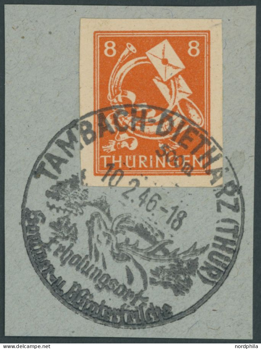 THÜRINGEN 96AXwU BrfStk, 1945, 8 Pf. Rotorange, Vollgummierung, Dickes Papier, Ungezähnt, Sonderstempel TAMBACH-DIETHARZ - Andere & Zonder Classificatie