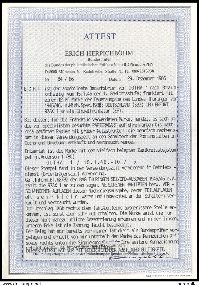 THÜRINGEN 97AXbp2U , 1945, 12 Pf. Dunkelbräunlichrot, Vollgummierung, Dickes Papier, Fallende Papierstreifung, Ungezähnt - Other & Unclassified