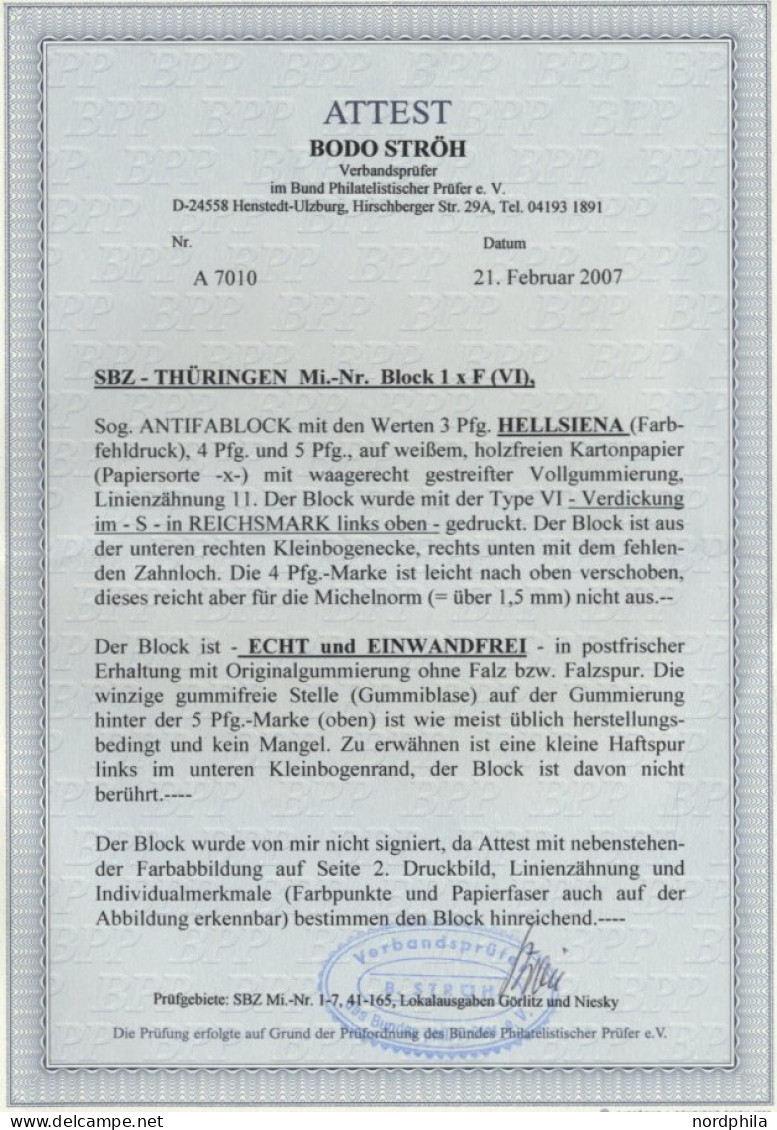 THÜRINGEN Bl. 1xb , 1945, Block Antifa, Weißes Kartonpapier, Type VI, Mi.Nr. 100 In Hellsiena, Pracht, Fotoattest Ströh, - Sonstige & Ohne Zuordnung