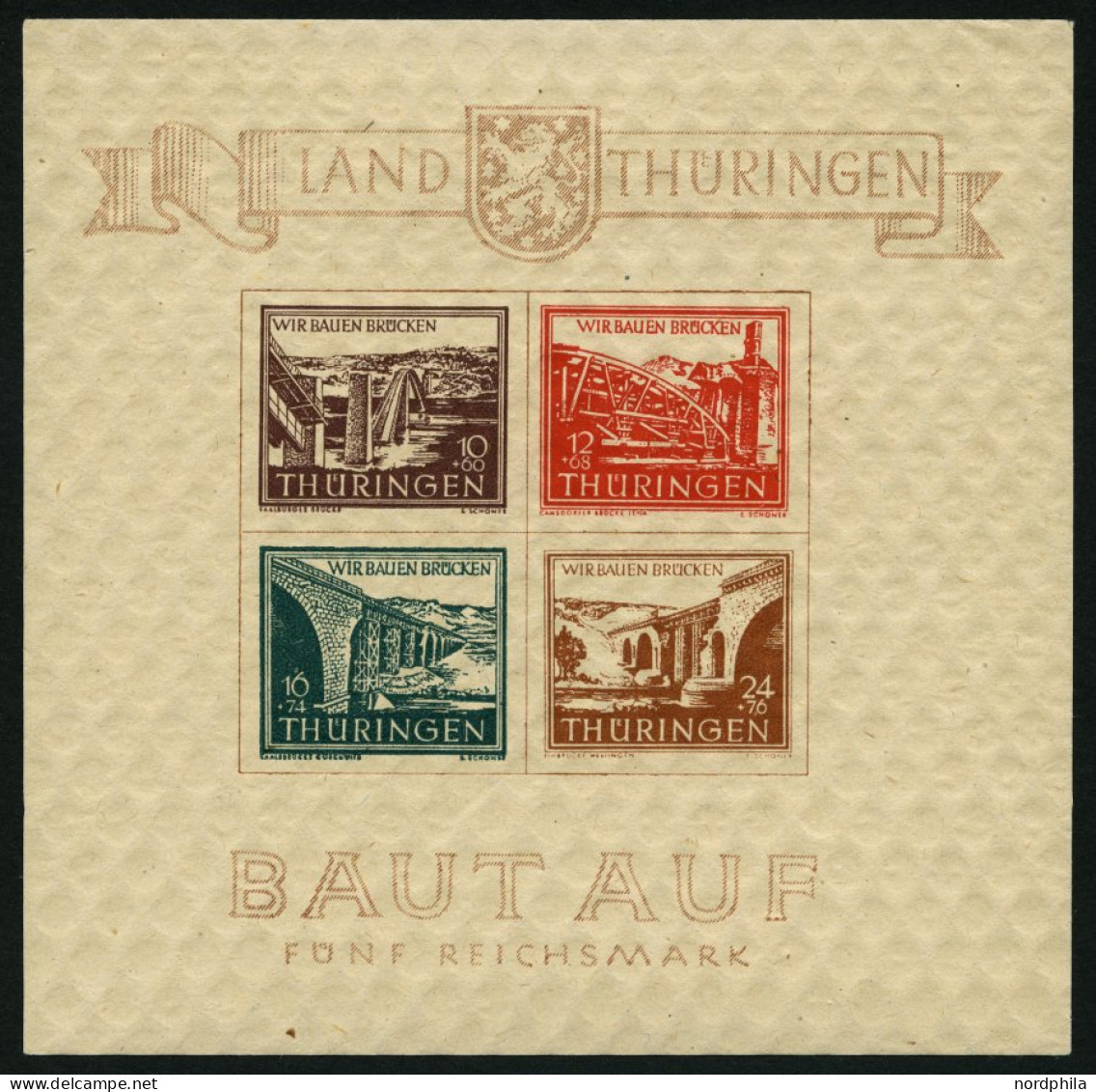 THÜRINGEN Bl. 4a , 1946, Brückenblock, Type I, Pracht, Mi. 420.- - Other & Unclassified