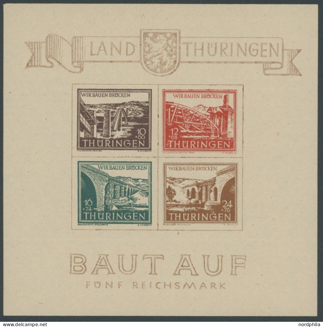 THÜRINGEN Bl. 4a , 1946, Brückenblock, Type II, Postfrisch, Pracht, Mi. 450.- - Autres & Non Classés