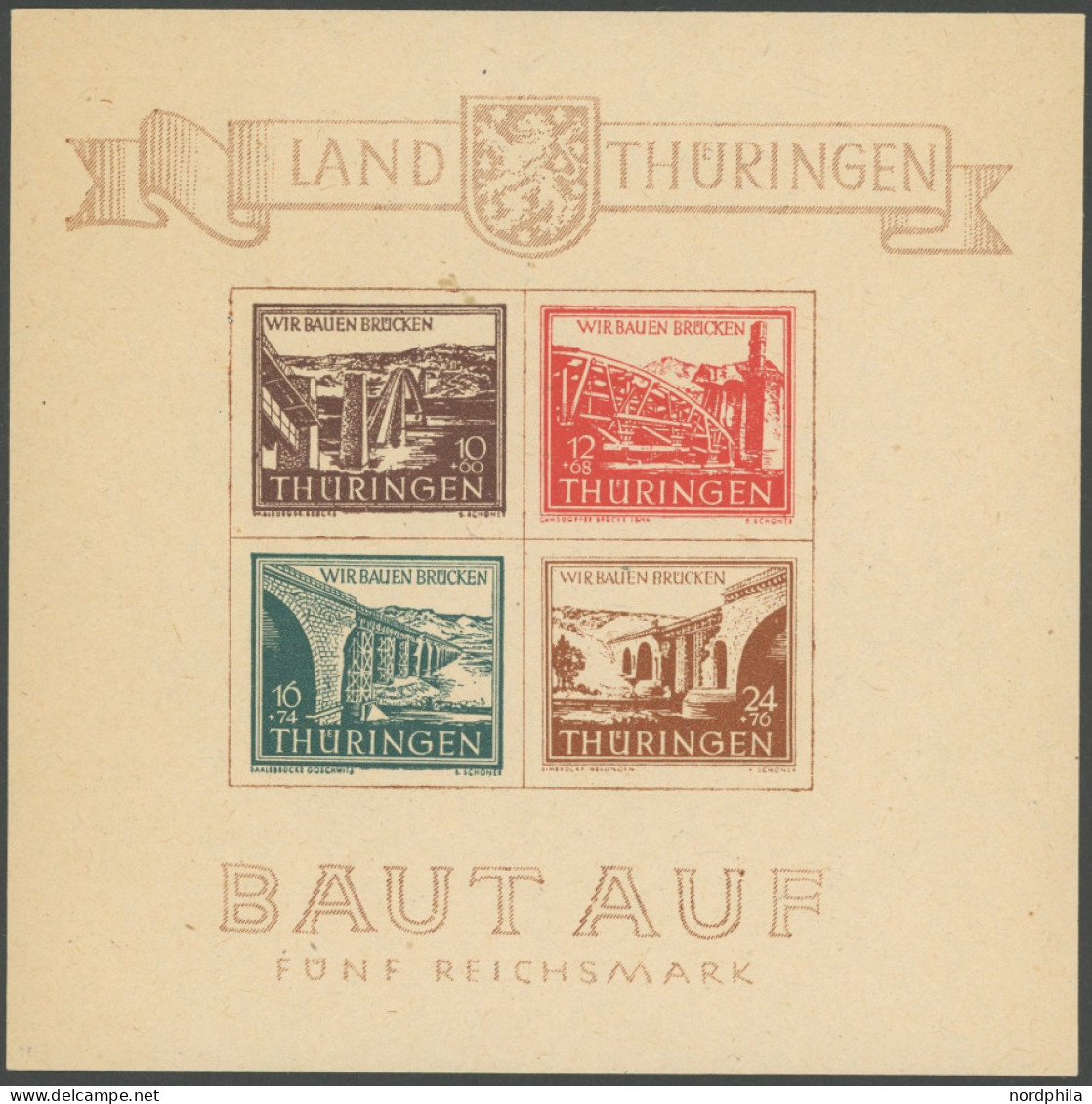 THÜRINGEN Bl. 4a , 1946, Brückenblock, Type III, Postfrisch, Pracht, Mi. 450.- - Autres & Non Classés
