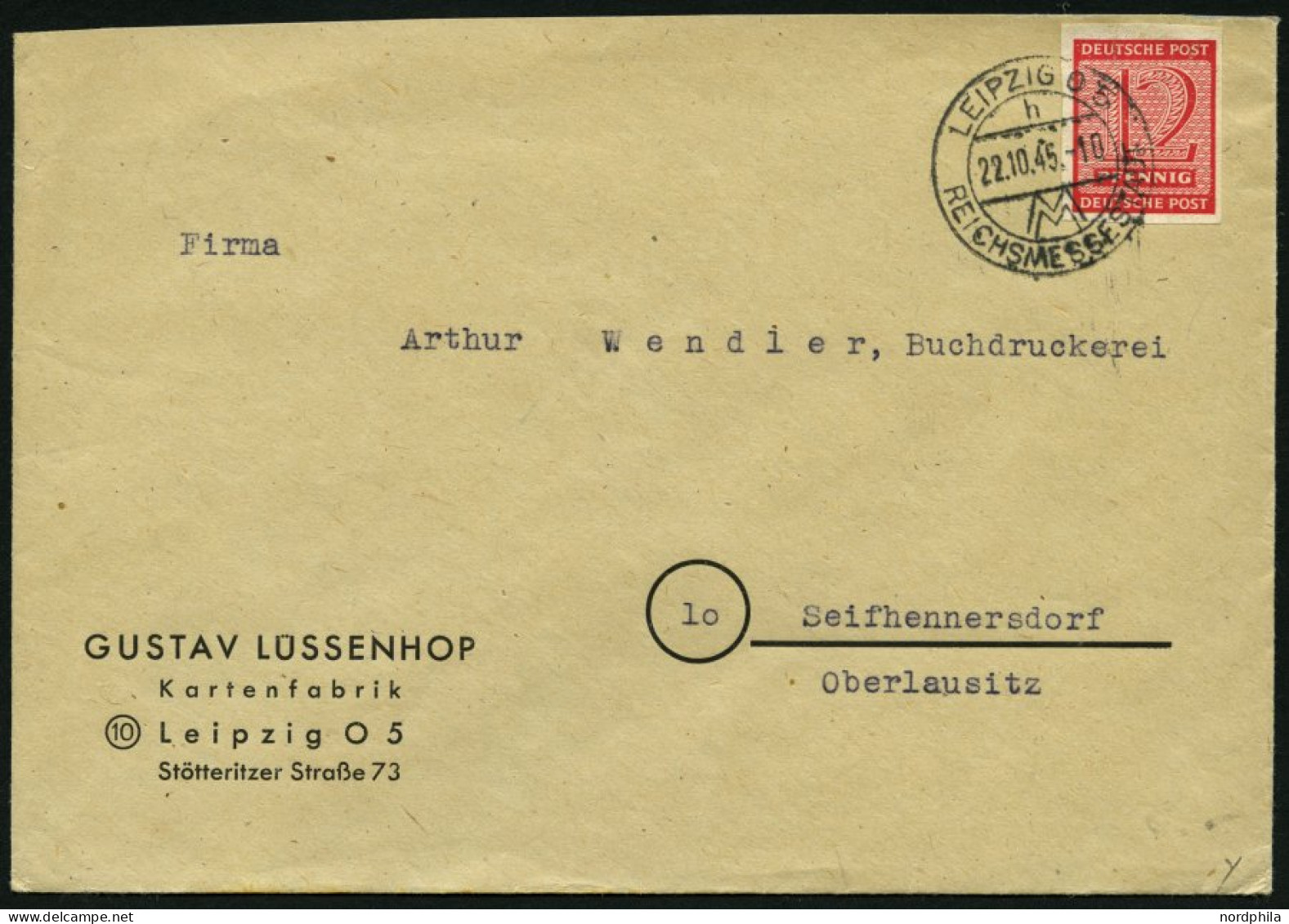 WEST-SACHSEN 119Y BRIEF, 1945, 12 Pf. Lebhaftkarminrot, Wz. 1Y, Auf Fernbrief, Pracht - Autres & Non Classés