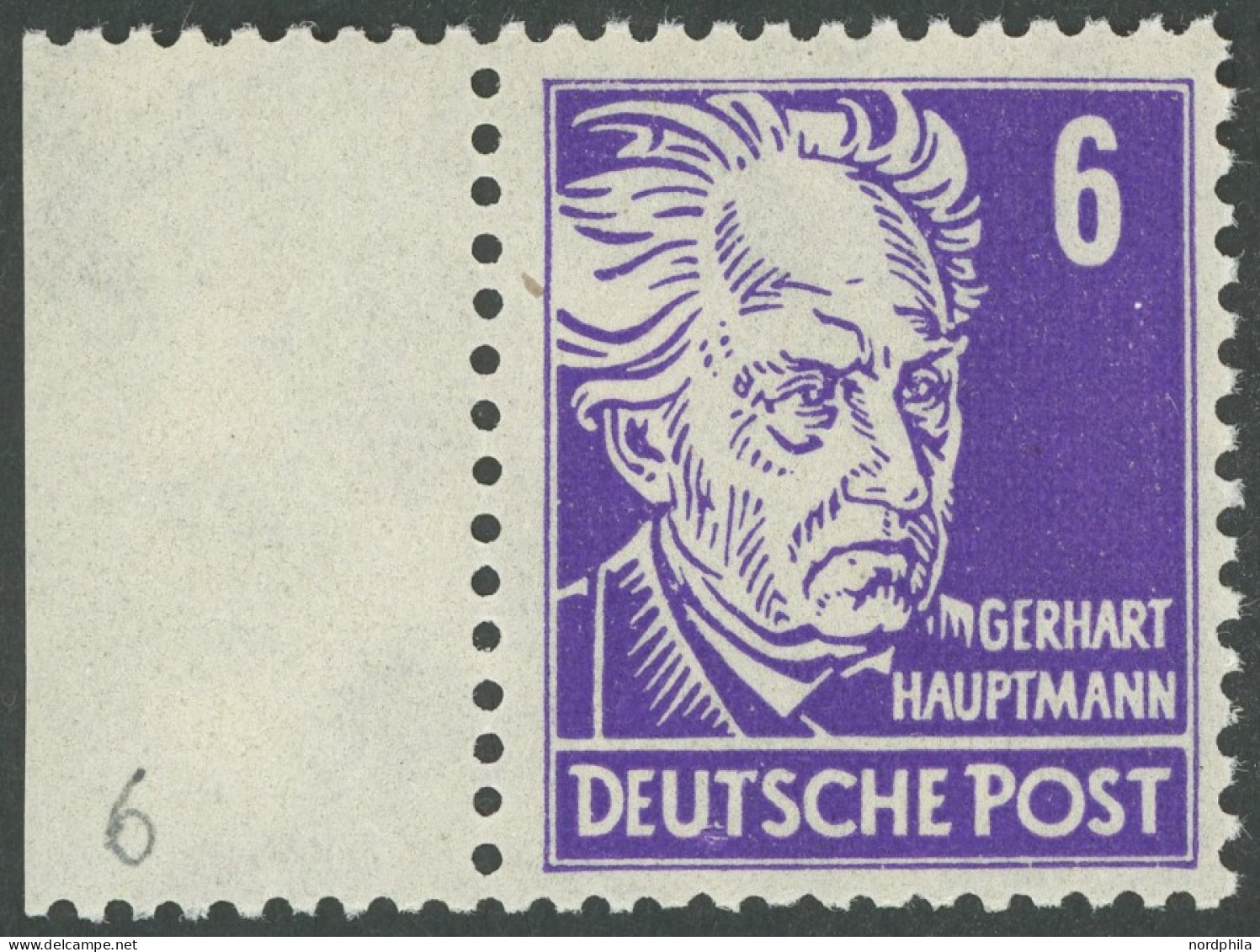 ALLGEMEINE-AUSGABEN 213b , 1948, 6 Pf Schwärzlichviolett Hauptmann, Linkes Randstück, Postfrisch, Pracht, Gepr. Schönher - Sonstige & Ohne Zuordnung