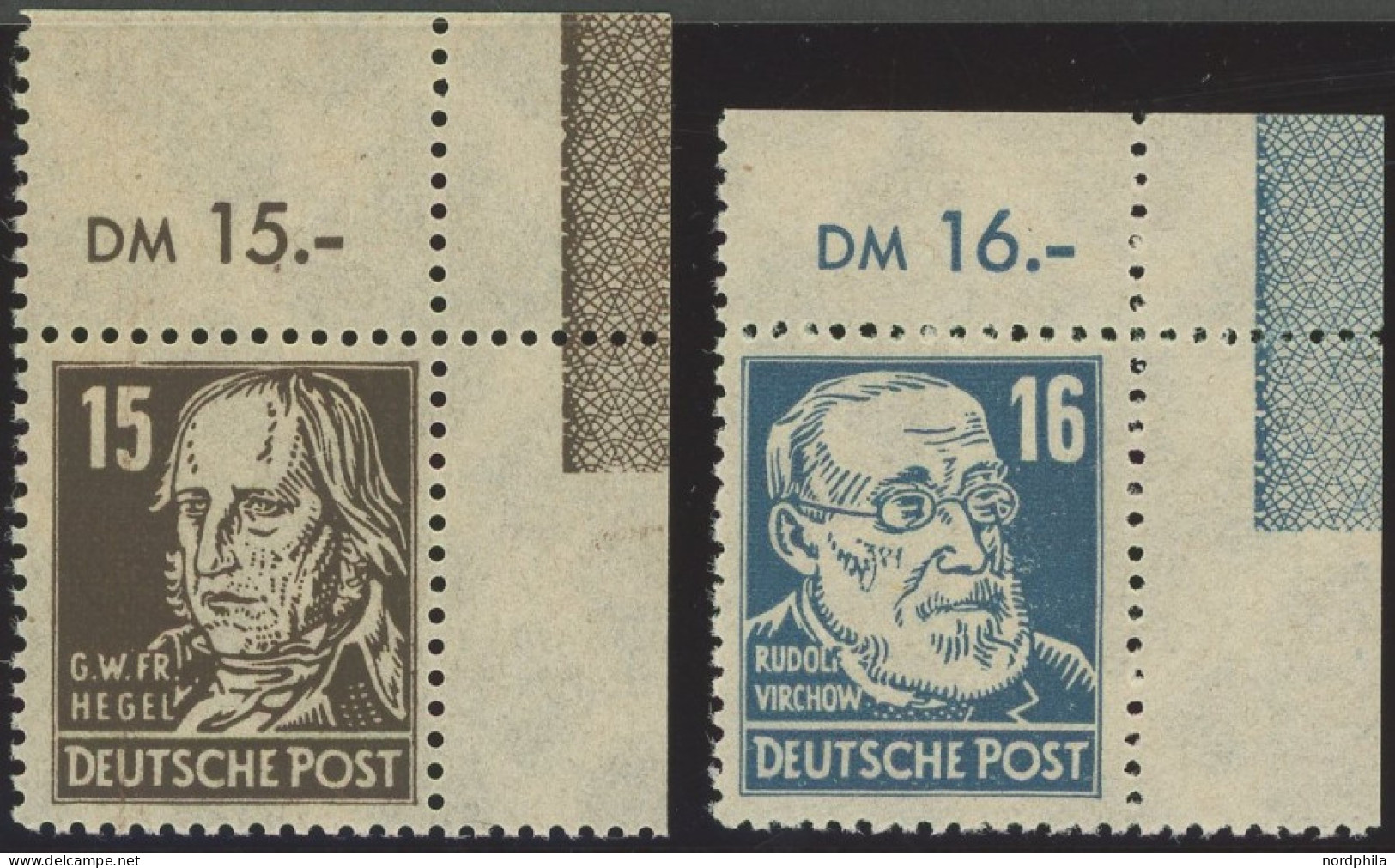 ALLGEMEINE-AUSGABEN 217/8 RL 2 , 1948, 15 Pf. Hegel Und 16 Pf. Virchow, Je Aus Der Rechten Oberen Bogenecke, Je Mit Brei - Andere & Zonder Classificatie