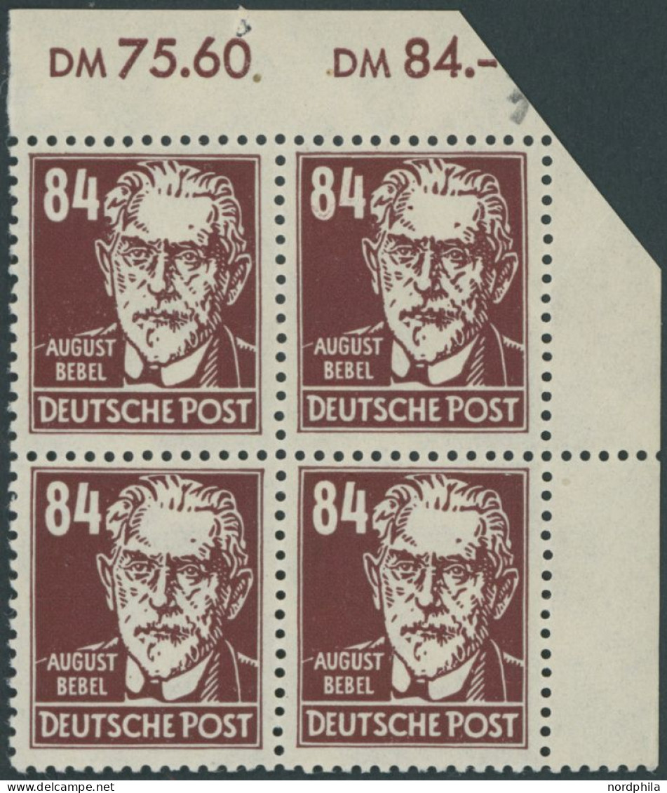 ALLGEMEINE-AUSGABEN 227b VB , 1948, 84 Pf. Dunkelkarminbraun Bebel Im Viererblock, Pracht, Gepr. Schönherr, Mi. 120.- - Sonstige & Ohne Zuordnung