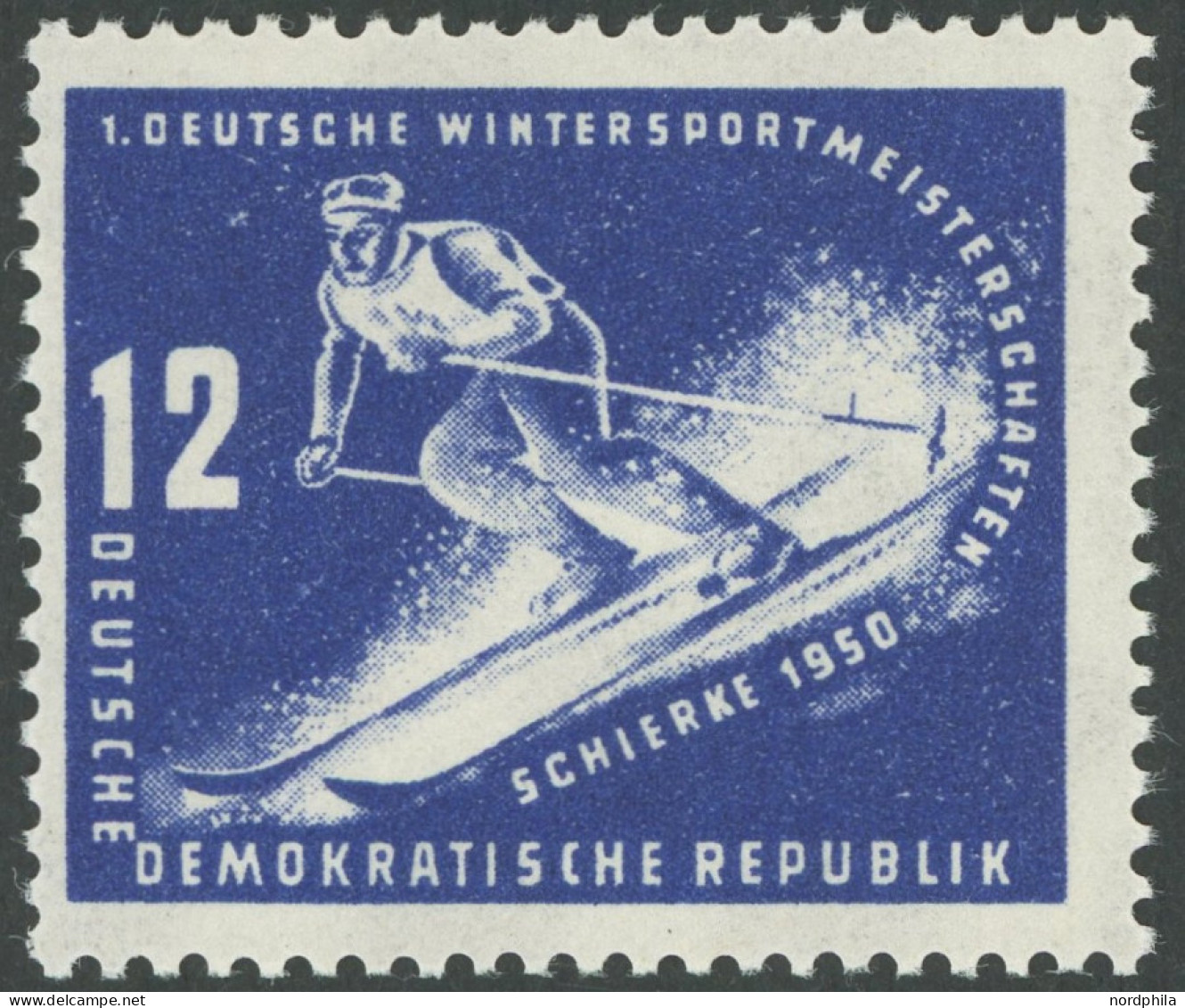 DDR 246I , 1950, 12 Pf. Wintersportmeisterschaften Mit Abart Senkrechter Blauer Strich Oben Im Dunklen Teil Des Skistock - Other & Unclassified