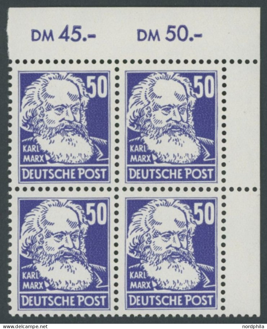 DDR 337 VB , 1952, 50 Pf. Marx Im Rechten Oberen Eckrandviererblock, Postfrisch, Pracht, Mi. (129.-) - Sonstige & Ohne Zuordnung