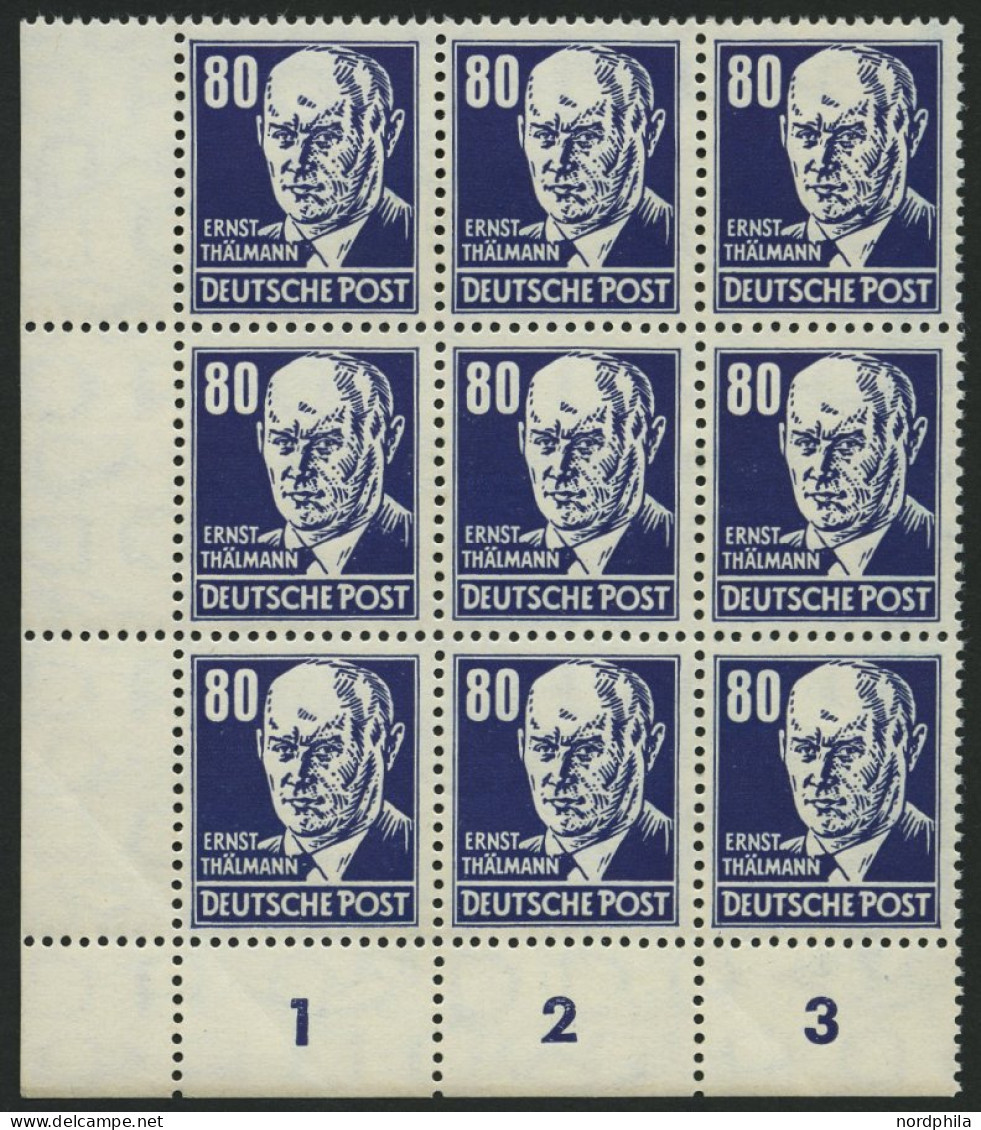 DDR 339PFIII , 1952, 80 Pf. Thälmann Mit Plattenfehler Fleck Am Kinn Und Strich Am Kragen (Feld 73) Im Neunerblock Aus D - Used Stamps