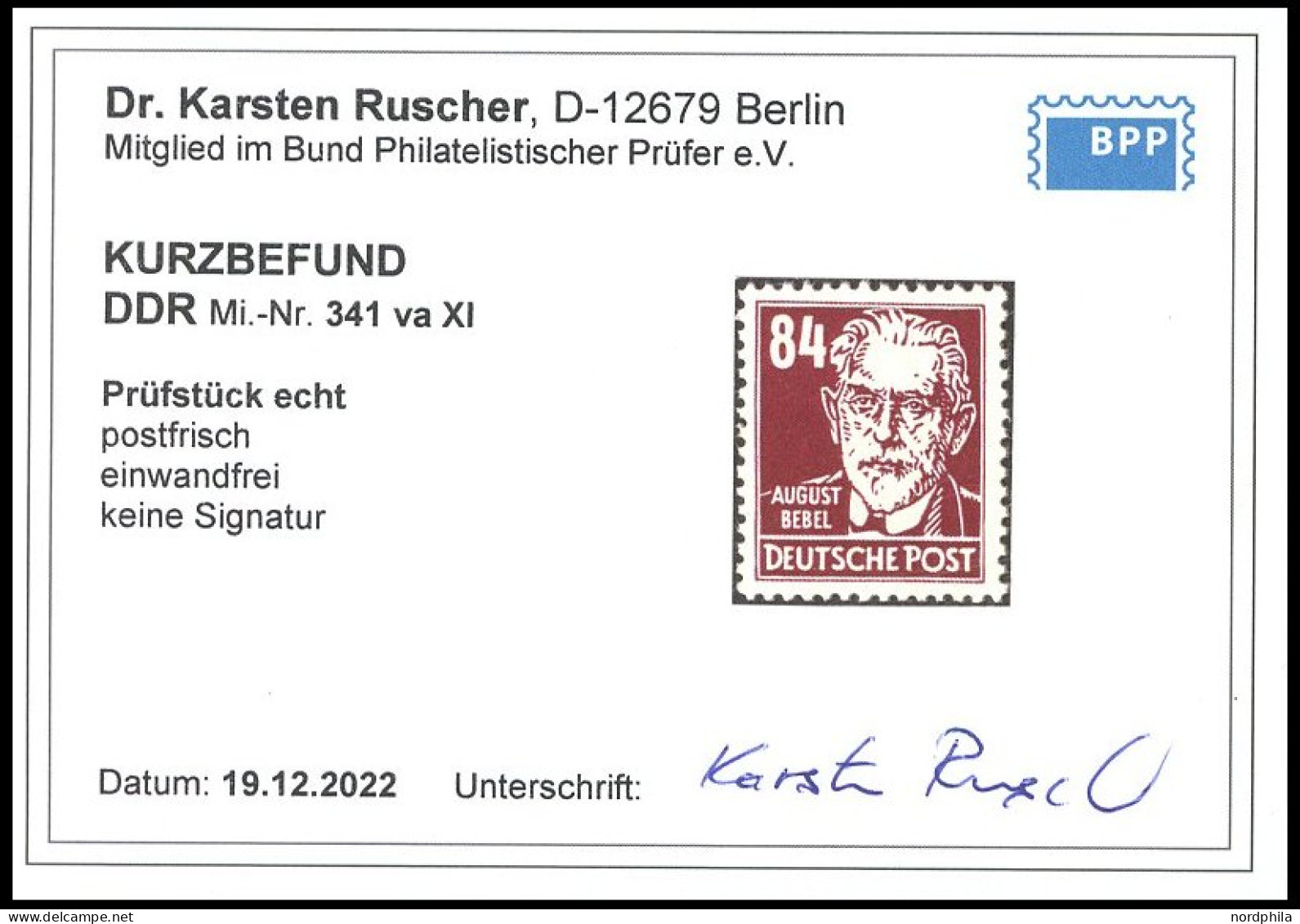 DDR 341aXI , 1953, 84 Pf. Bräunlichkarmin Bebel, Wz. 2XI, Postfrisch, Pracht, Kurzbefund Dr. Ruscher, Mi. 160.- - Other & Unclassified