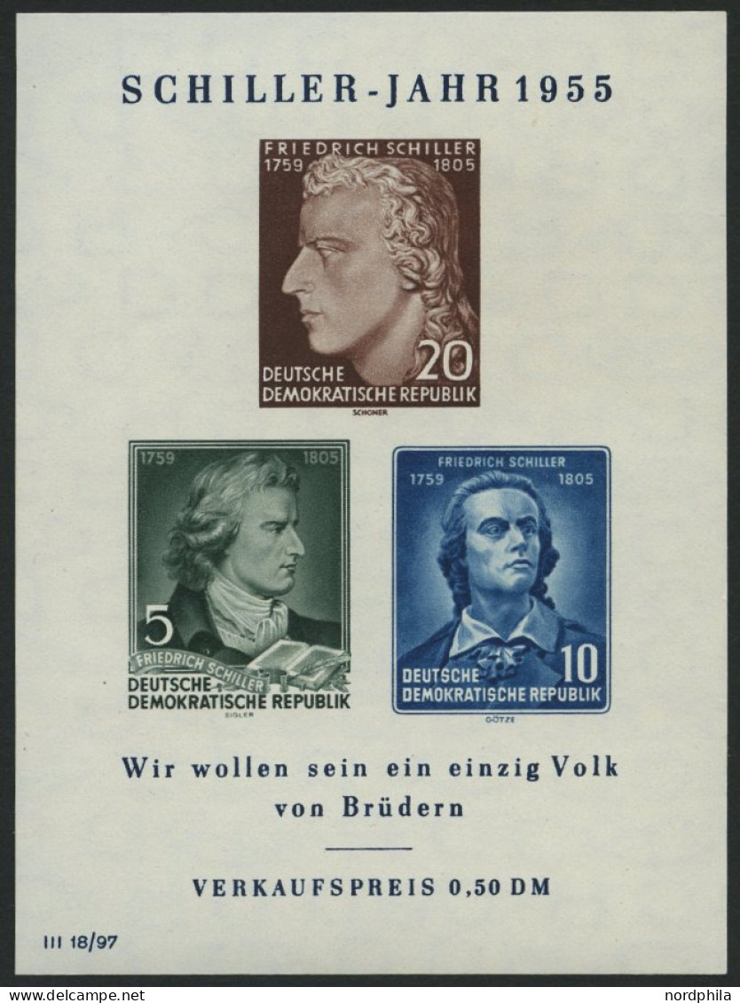 DDR Bl. 12IV , 1955, Block Schiller Mit Abart Vorgezogener Fußstrich Bei J, Pracht, Mi. 60.- - Autres & Non Classés