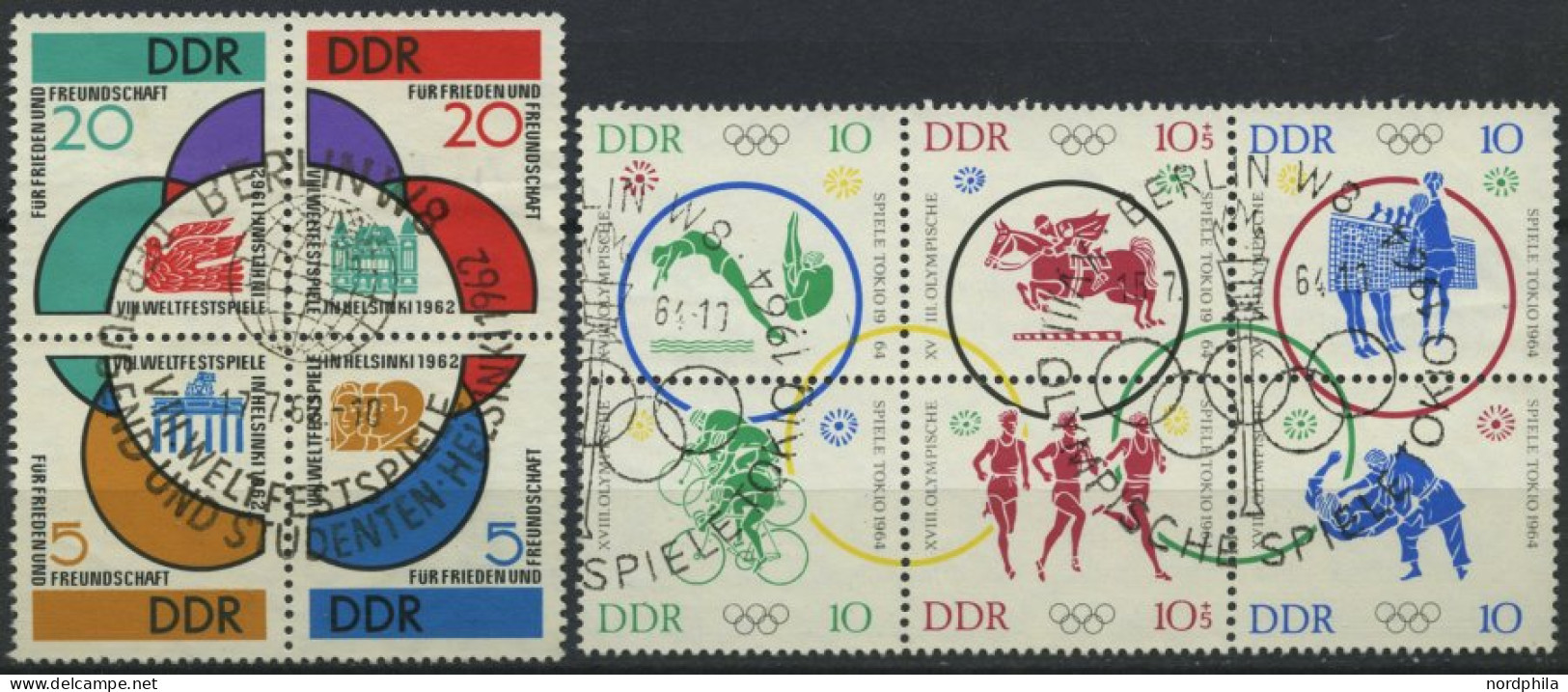 DDR 901-04,1039-44 O, 1962-64, Weltfestspiele Im Viererblock Und Olympische Spiele Im Sechserblock, Pracht, Mi. 70.- - Oblitérés