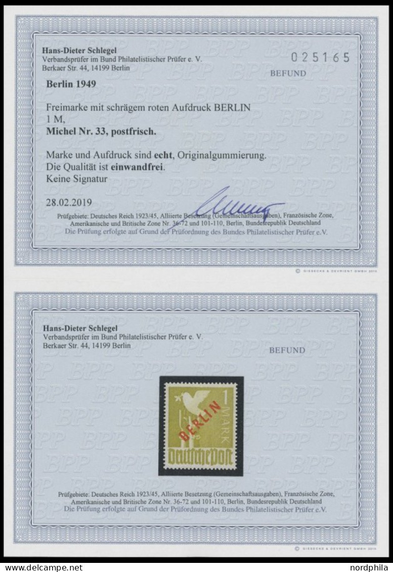 BERLIN 33 , 1949, 1 M. Rotaufdruck, Postfrisch, Pracht, Ohne Signum, Fotobefund H.D. Schlegel, Mi. 550.- - Sonstige & Ohne Zuordnung
