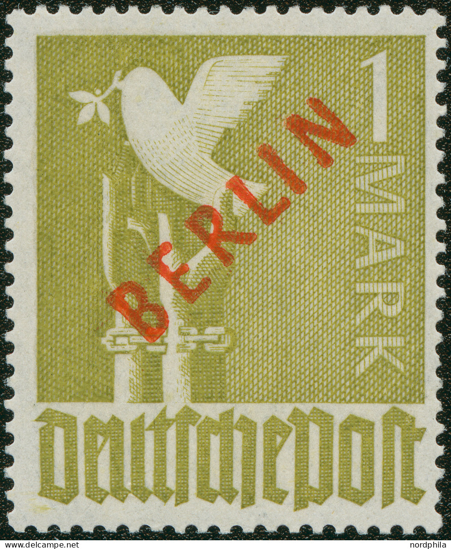 BERLIN 33 AF VII , 1949, 1 M. Rotaufdruck Mit Aufdruckfehler Im Feld 45: Rechter Aufstrich Des N Oben Verdünnt, Entfalzt - Unused Stamps