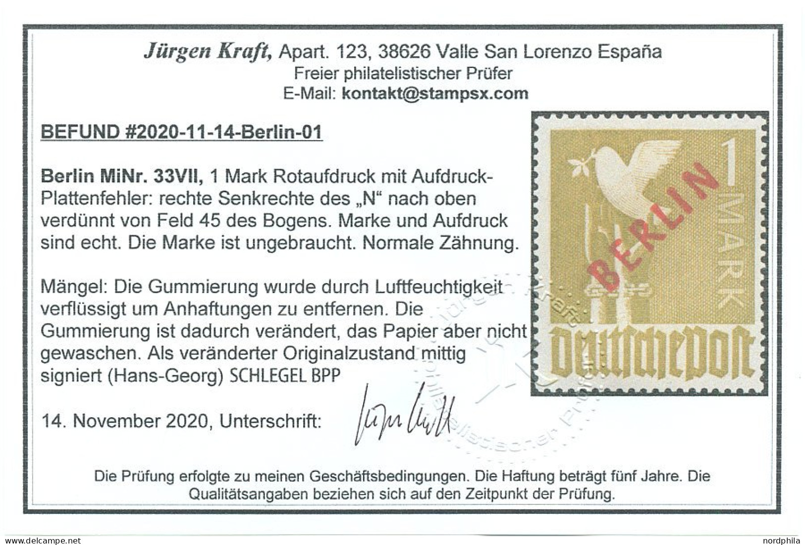 BERLIN 33 AF VII , 1949, 1 M. Rotaufdruck Mit Aufdruckfehler Im Feld 45: Rechter Aufstrich Des N Oben Verdünnt, Entfalzt - Unused Stamps