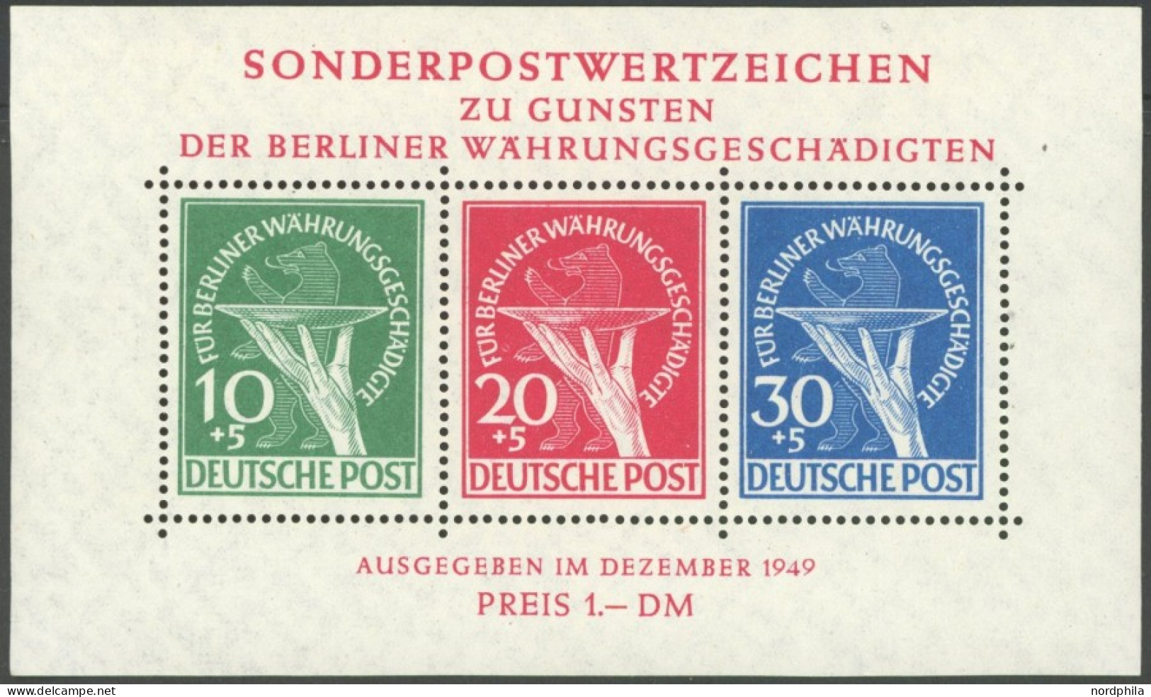BERLIN Bl. 1 , 1949, Block Währungsgeschädigte, Falzreste Im Rand, Marken Postfrisch Pracht, Mi. 500.- - Andere & Zonder Classificatie
