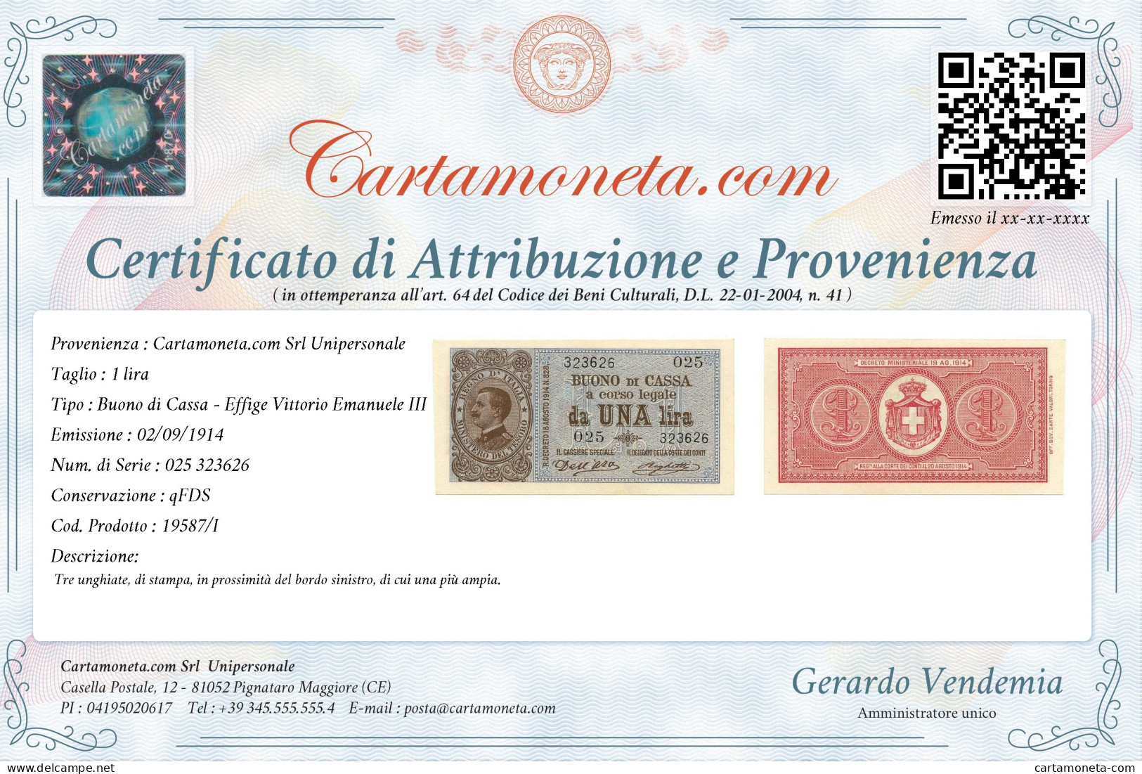 1 LIRA BUONO DI CASSA EFFIGE VITTORIO EMANUELE III 02/09/1914 QFDS - Regno D'Italia - Altri