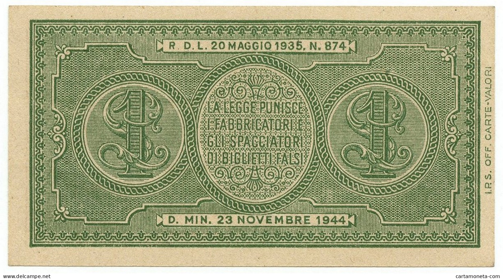 1 LIRA BIGLIETTO DI STATO LUOGOTENENZA UMBERTO VENTURA 23/11/1944 FDS - Sonstige