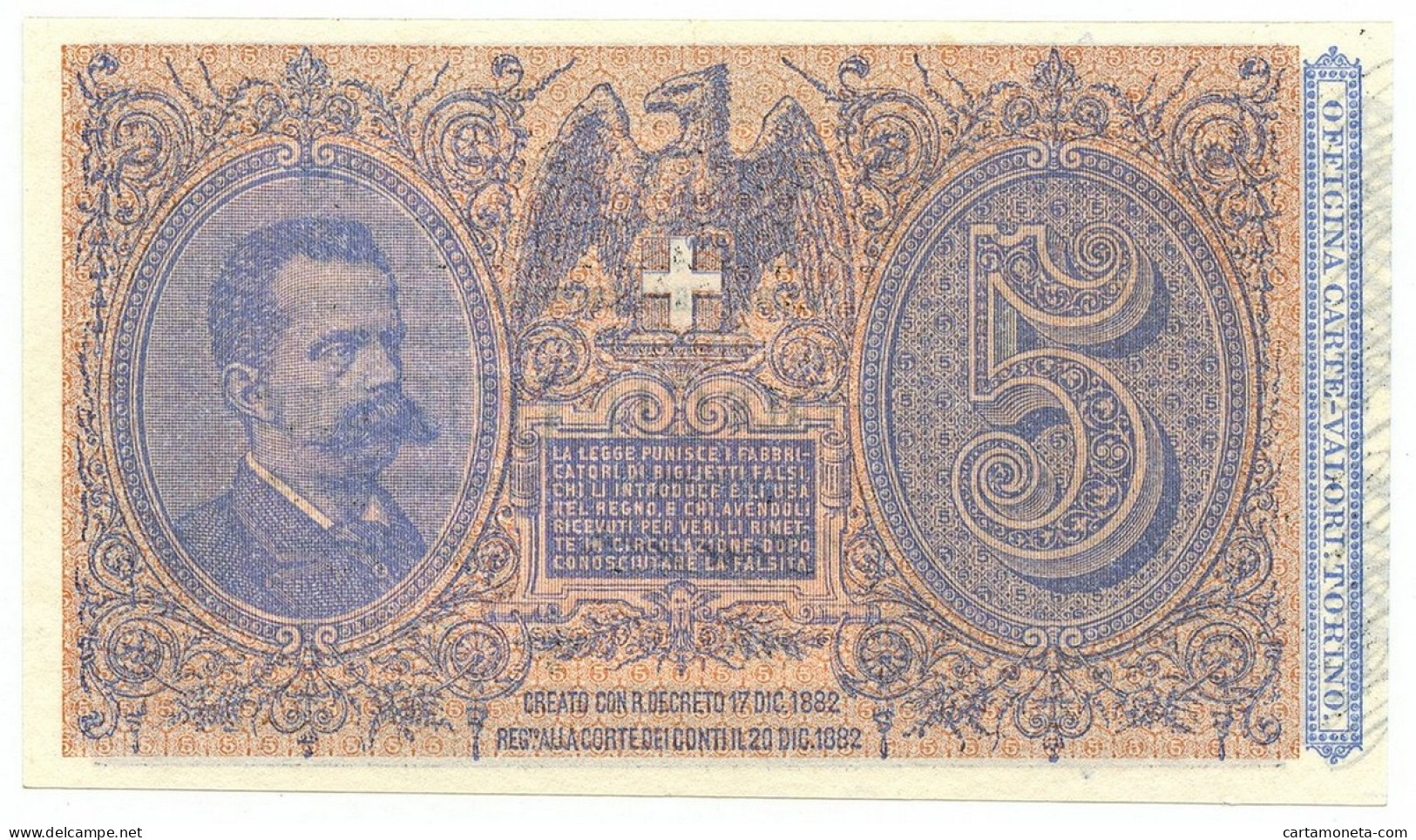 5 LIRE BIGLIETTO DI STATO EFFIGE UMBERTO I 01/03/1883 SUP+ - Sonstige