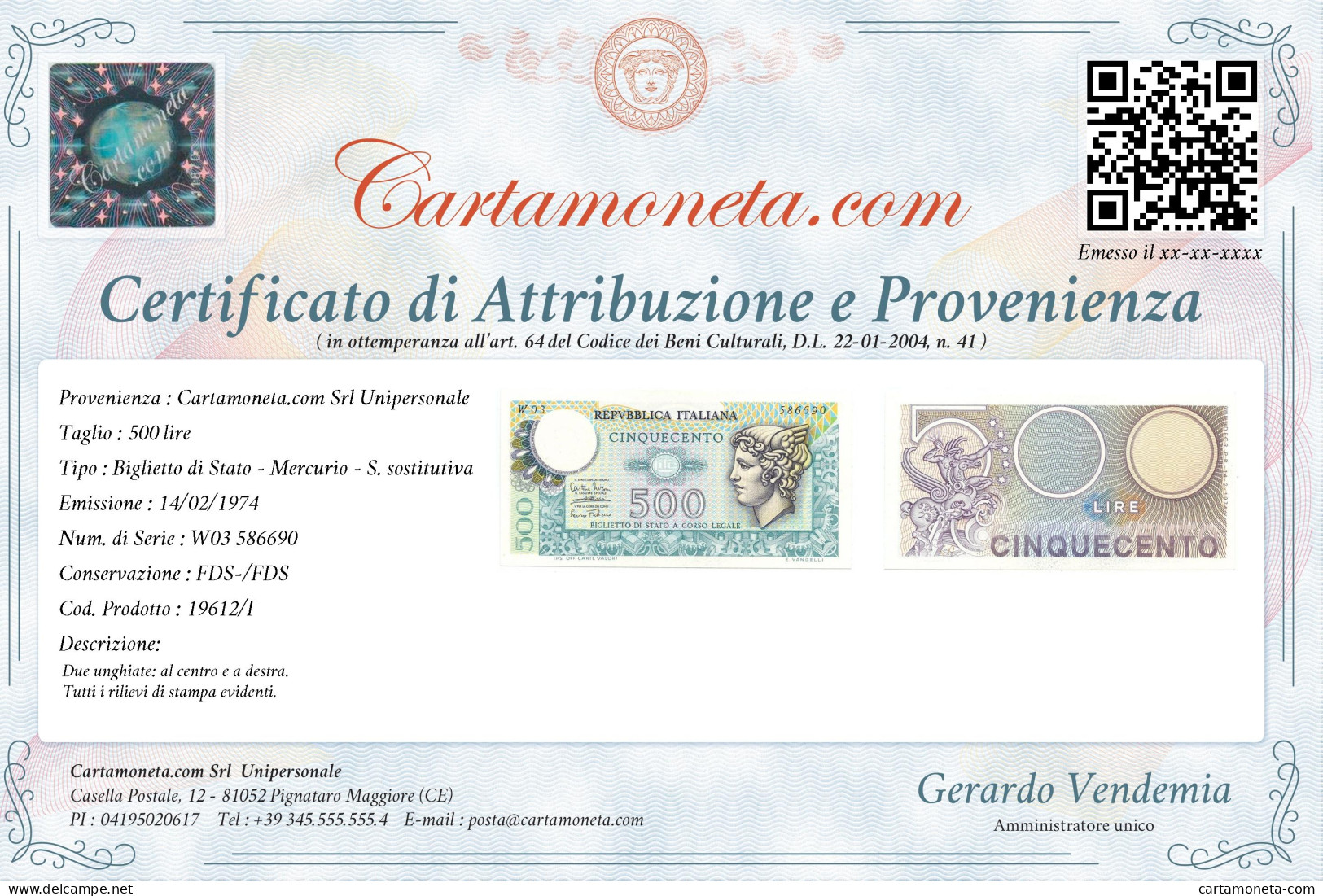 500 LIRE BIGLIETTO DI STATO MERCURIO SERIE SOSTITUTIVA 14/02/1974 FDS-/FDS - Other & Unclassified