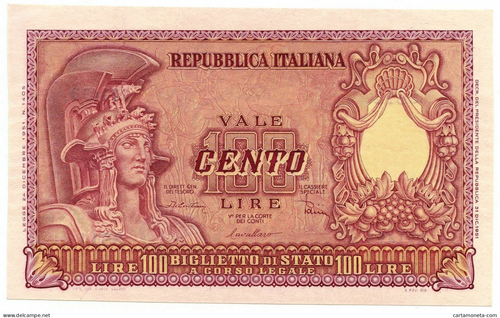 100 LIRE BIGLIETTO DI STATO ITALIA ELMATA DI CRISTINA 31/12/1951 QFDS - Sonstige & Ohne Zuordnung