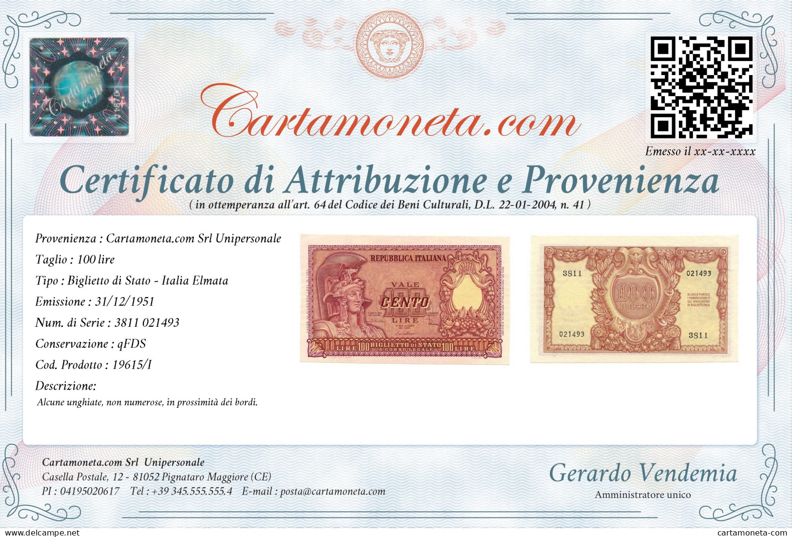 100 LIRE BIGLIETTO DI STATO ITALIA ELMATA DI CRISTINA 31/12/1951 QFDS - Andere & Zonder Classificatie