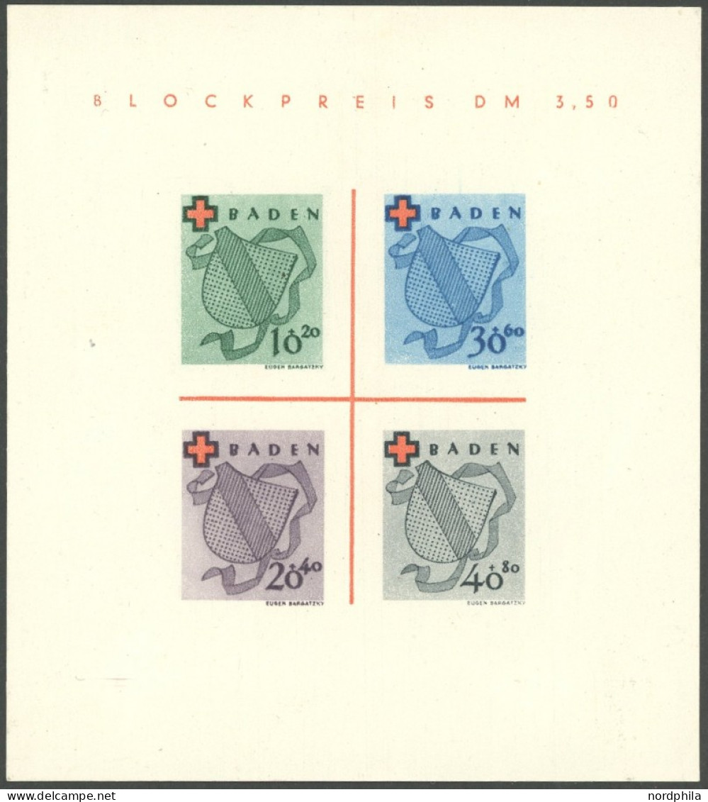 BADEN Bl. 2II/IV , 1949, Block Rotes Kreuz, Type IV: Roter Punkt Oben Links Am E In Blockpreis, Pracht, Mi. 140.- - Andere & Zonder Classificatie