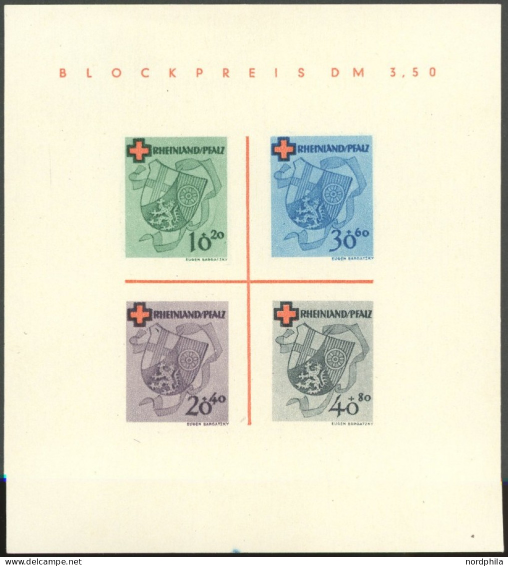 RHEINLAND PFALZ Bl. 1I/III , 1949, Block Rotes Kreuz, Type III: Blauer Fleck Mitte Unten Und Violetter Strich Oben Links - Andere & Zonder Classificatie