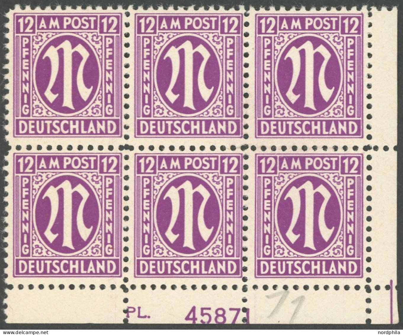 AMERIK. U. BRITISCHE ZONE 7z PL-Nr. , 1945, 12 Pf. Dunkelpurpur Im UL-Sechserblock Mit Plattennummer 45871 Und Schnittli - Sonstige & Ohne Zuordnung