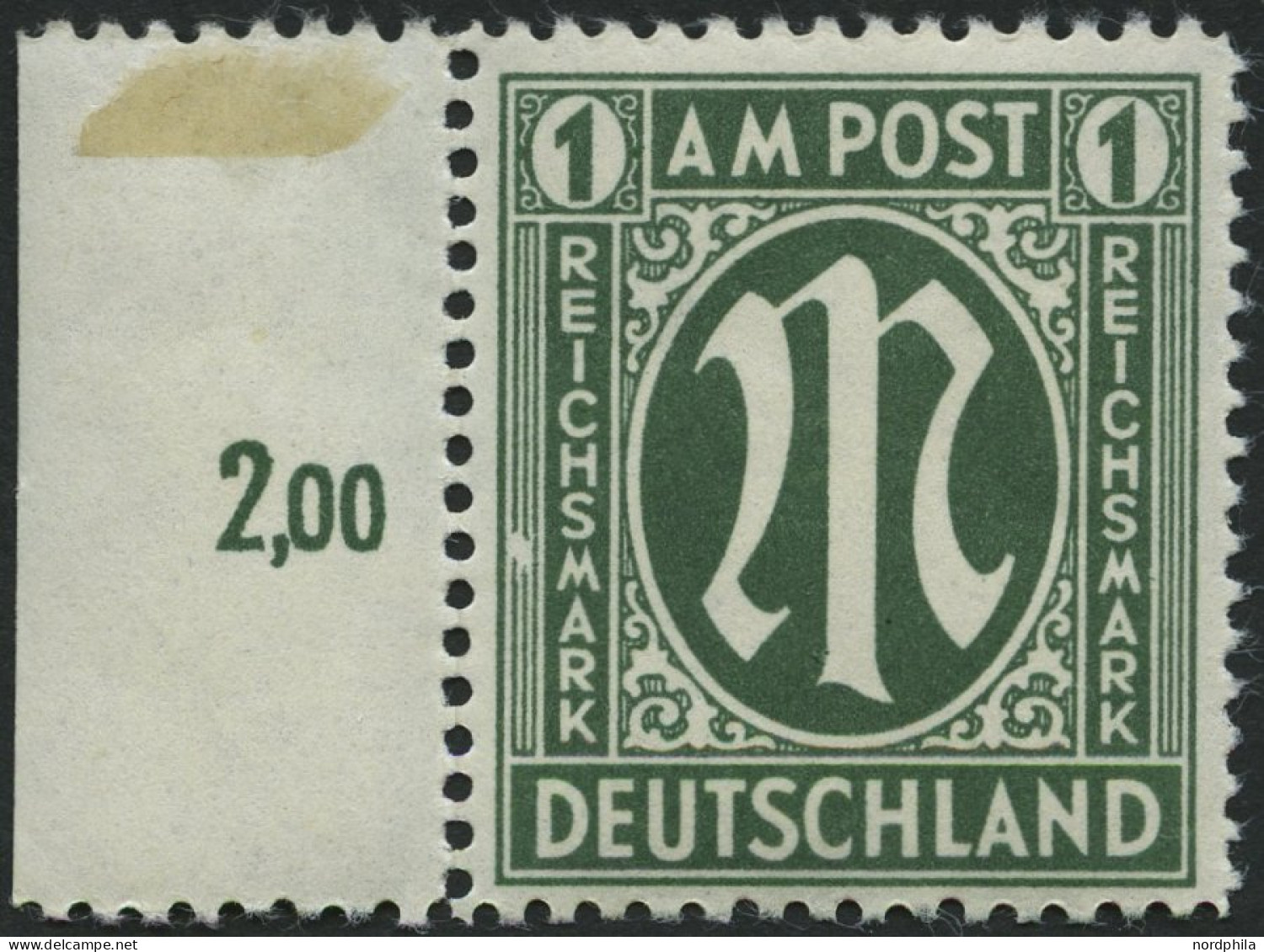 AMERIK. U. BRITISCHE ZONE 35IV , 1946, 1 RM Dunkelgraugrün Mit Abart Linke Zierlinien Neben SM In Reichsmark Durch Weiße - Autres & Non Classés