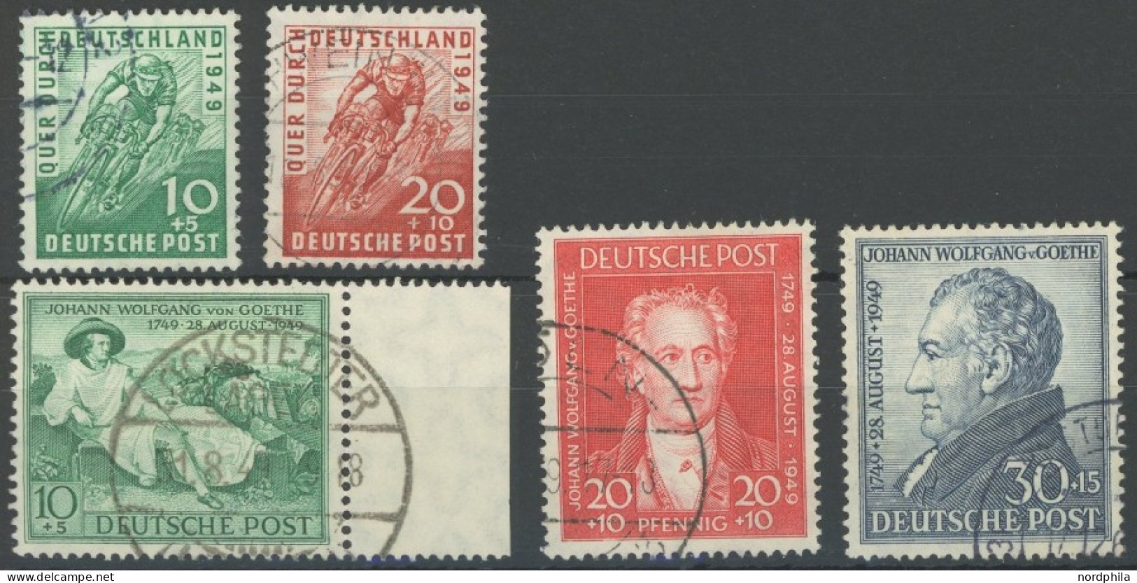 AMERIK. U. BRITISCHE ZONE 106-10 O, 1949, Radrennen Und Goethe, 2 Prachtsätze, Mi. 75.- - Sonstige & Ohne Zuordnung